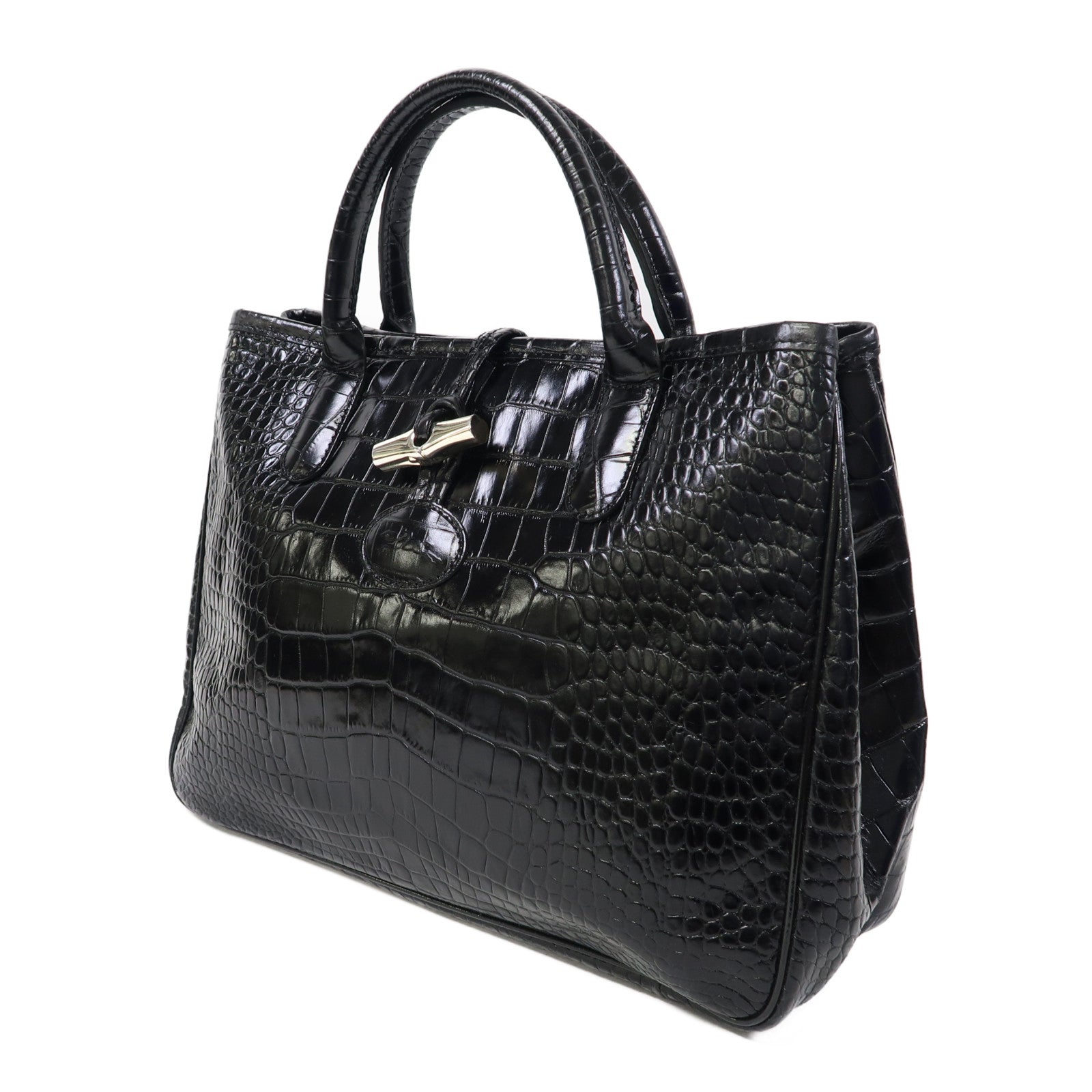 Longchamp 皮革Hang Bag銀扣手挽袋黑色
