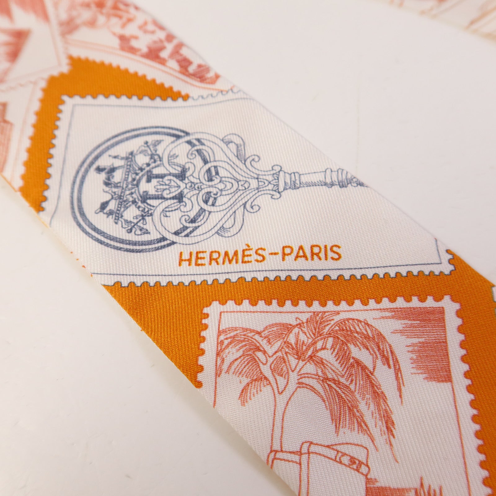 HERMES 絲質Twilly絲巾White/Orange