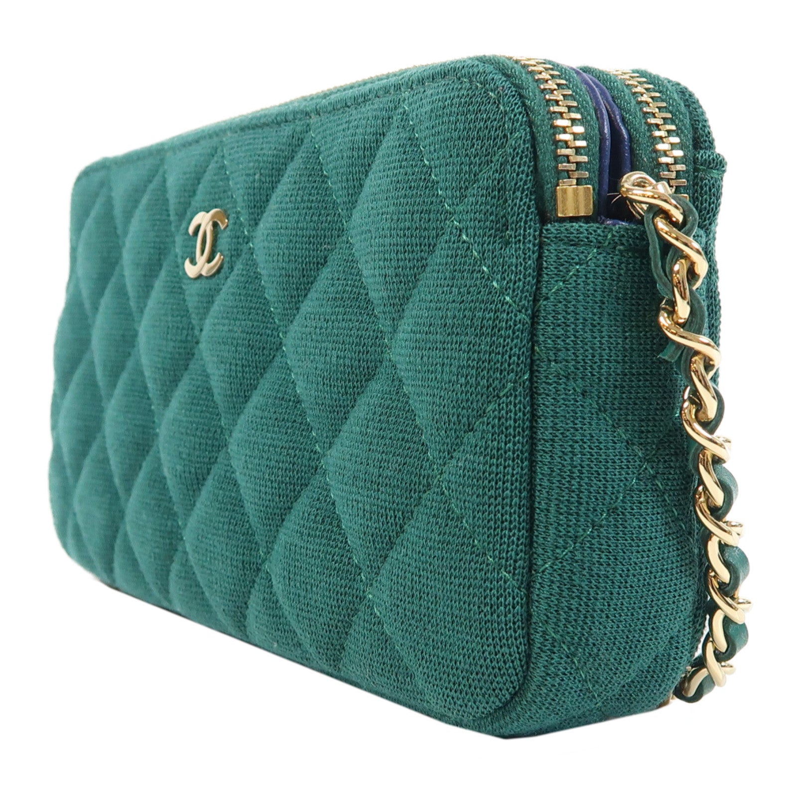 CHANEL 【激減優惠】菱格帆布Chain Shoulder金扣鏈帶肩背袋綠色