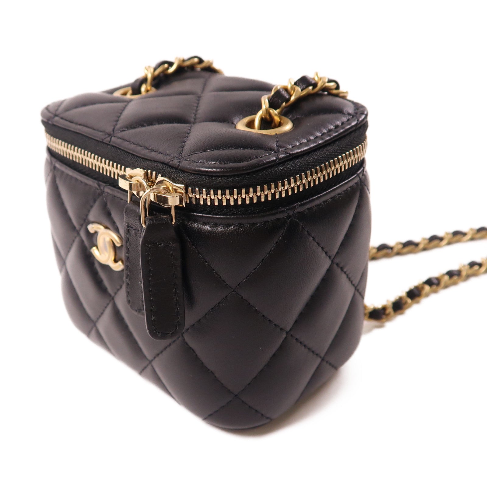 CHANEL 羊皮皮革Vanity Case金扣鏈帶肩背袋黑色