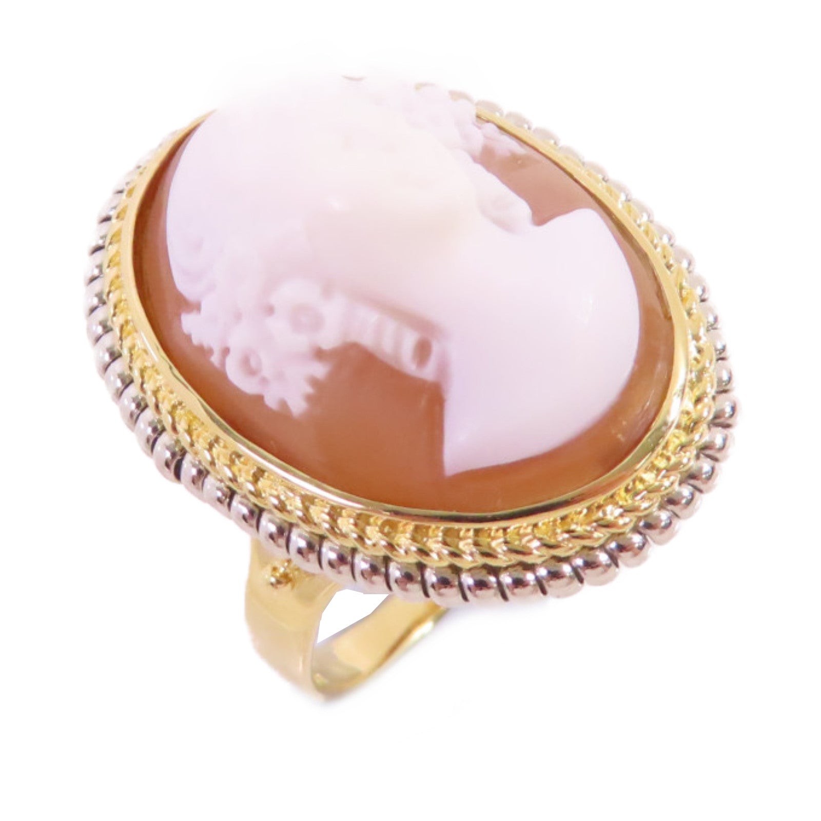 JEWELRY 【激減優惠】18K黃金/PT900鉑金/多彩寶石浮雕Shell Cameo Ring戒指US#6.75