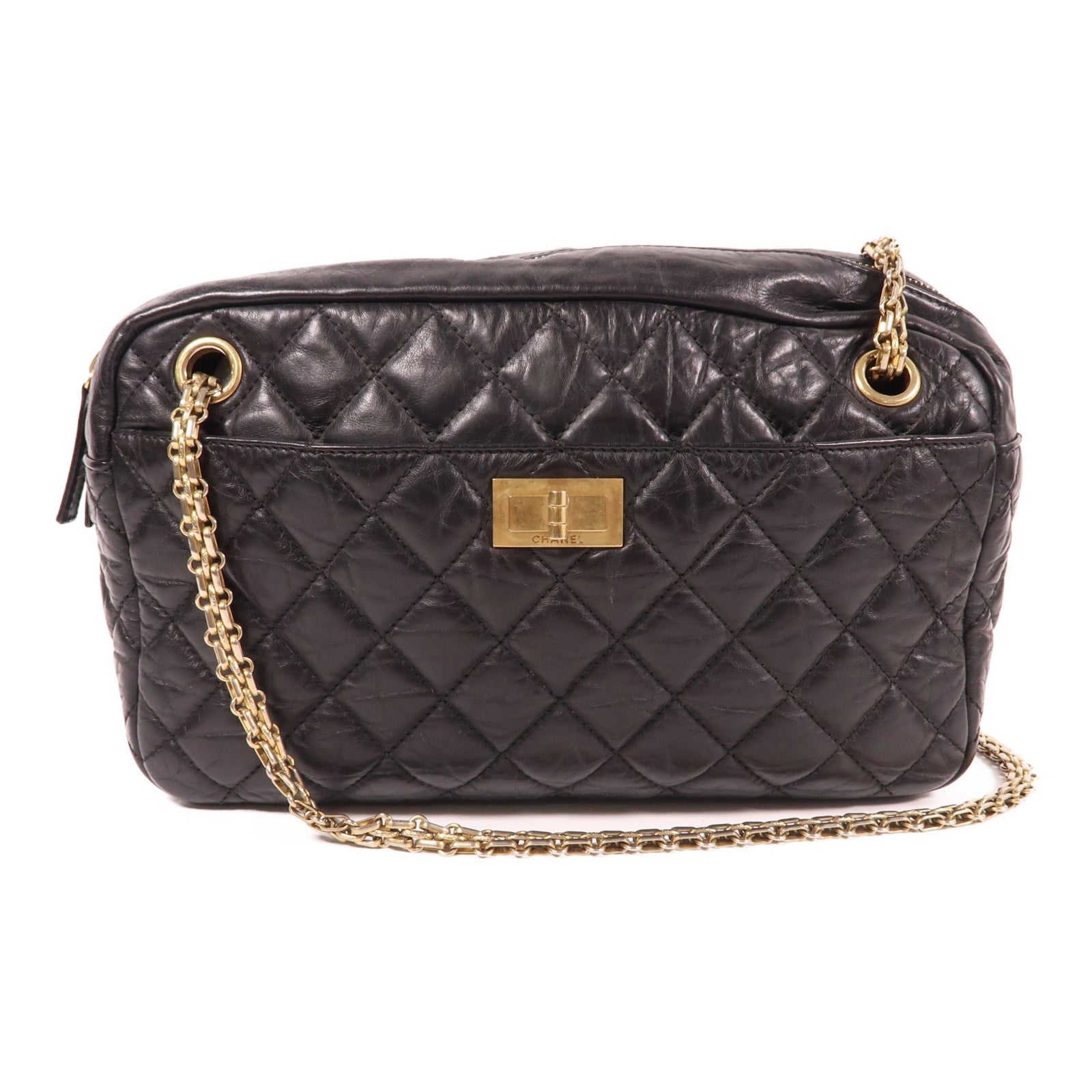 CHANEL 牛皮皮革2.55 Shoulder Bag金扣鏈帶肩背袋黑色