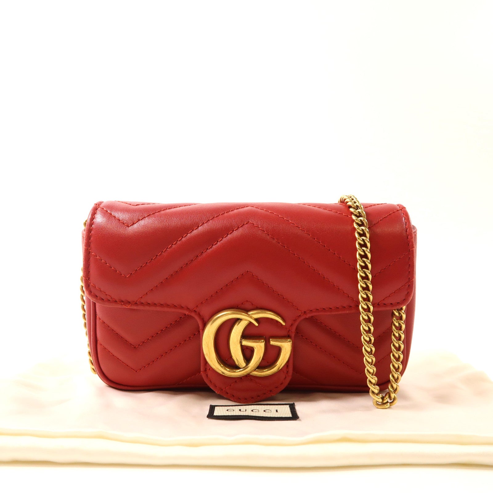 GUCCI 皮革GG Marmont金扣鏈帶肩背袋紅色