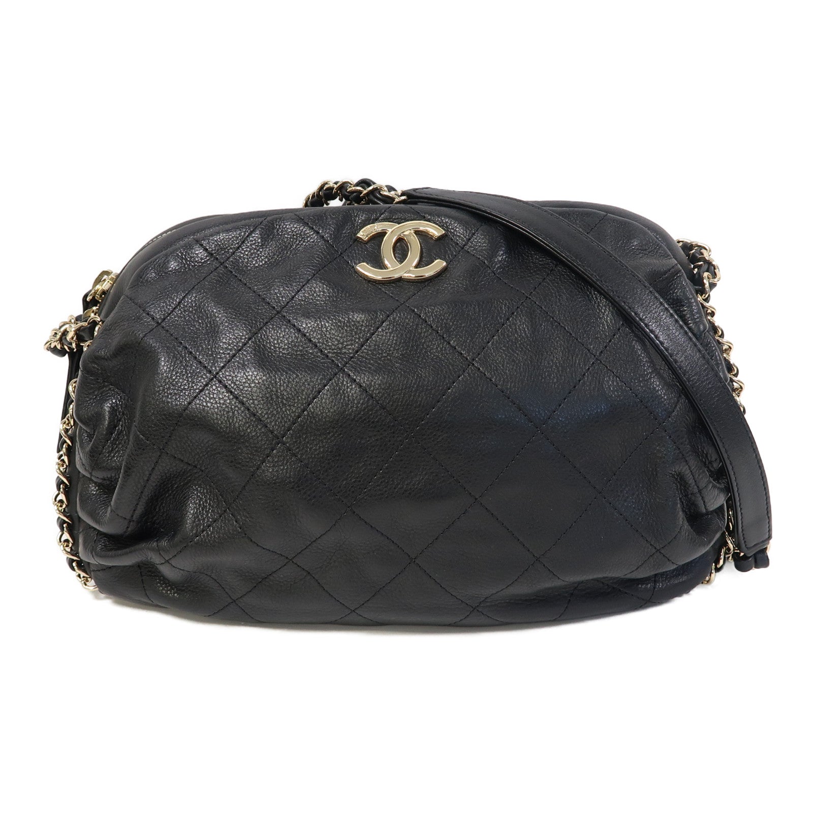 CHANEL 菱格牛皮皮革Chain Shoulder金扣鏈帶肩背袋黑色