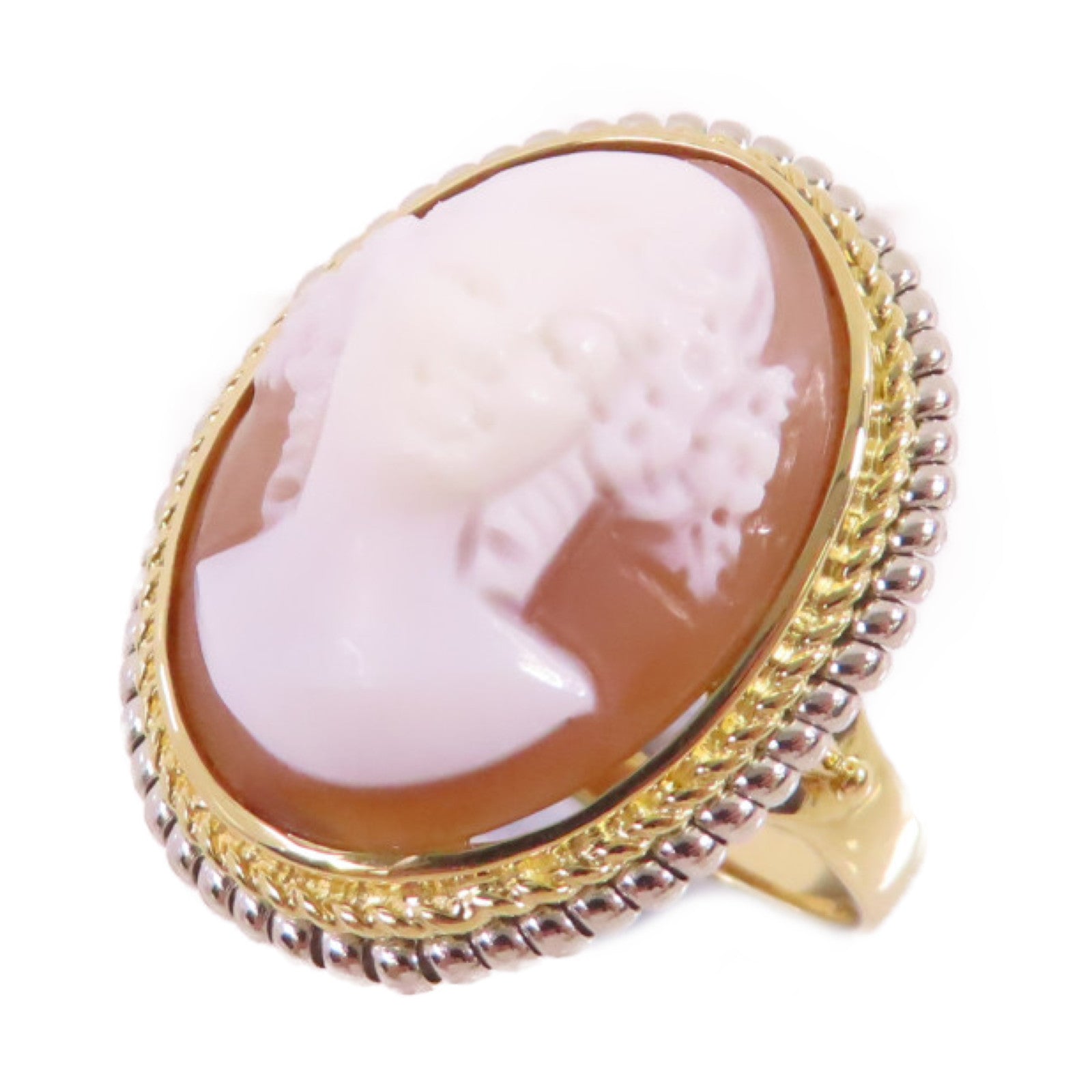 JEWELRY 【激減優惠】18K黃金/PT900鉑金/多彩寶石浮雕Shell Cameo Ring戒指US#6.75