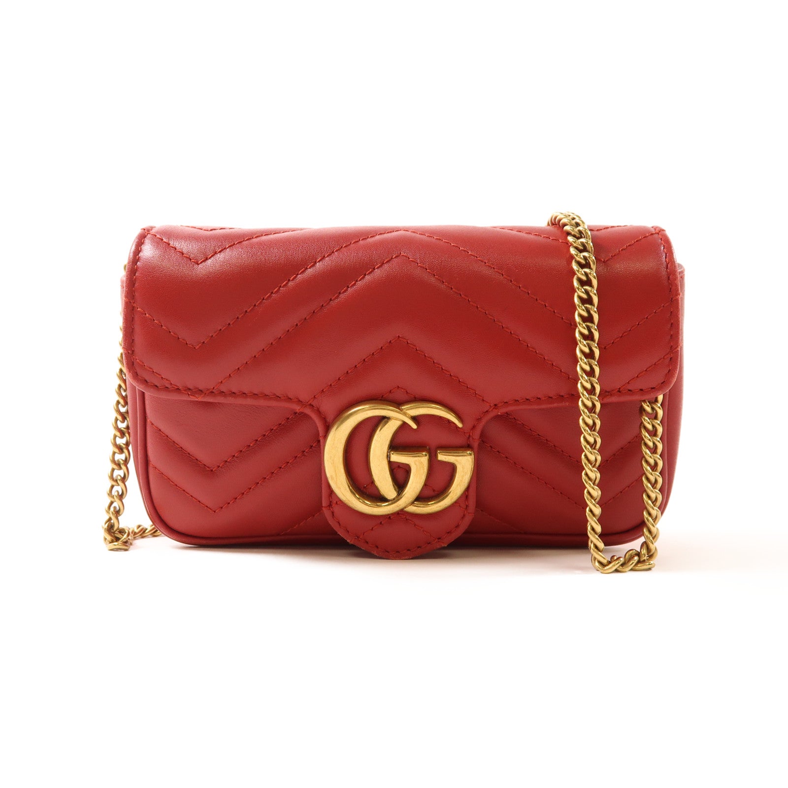 GUCCI 皮革GG Marmont金扣鏈帶肩背袋紅色