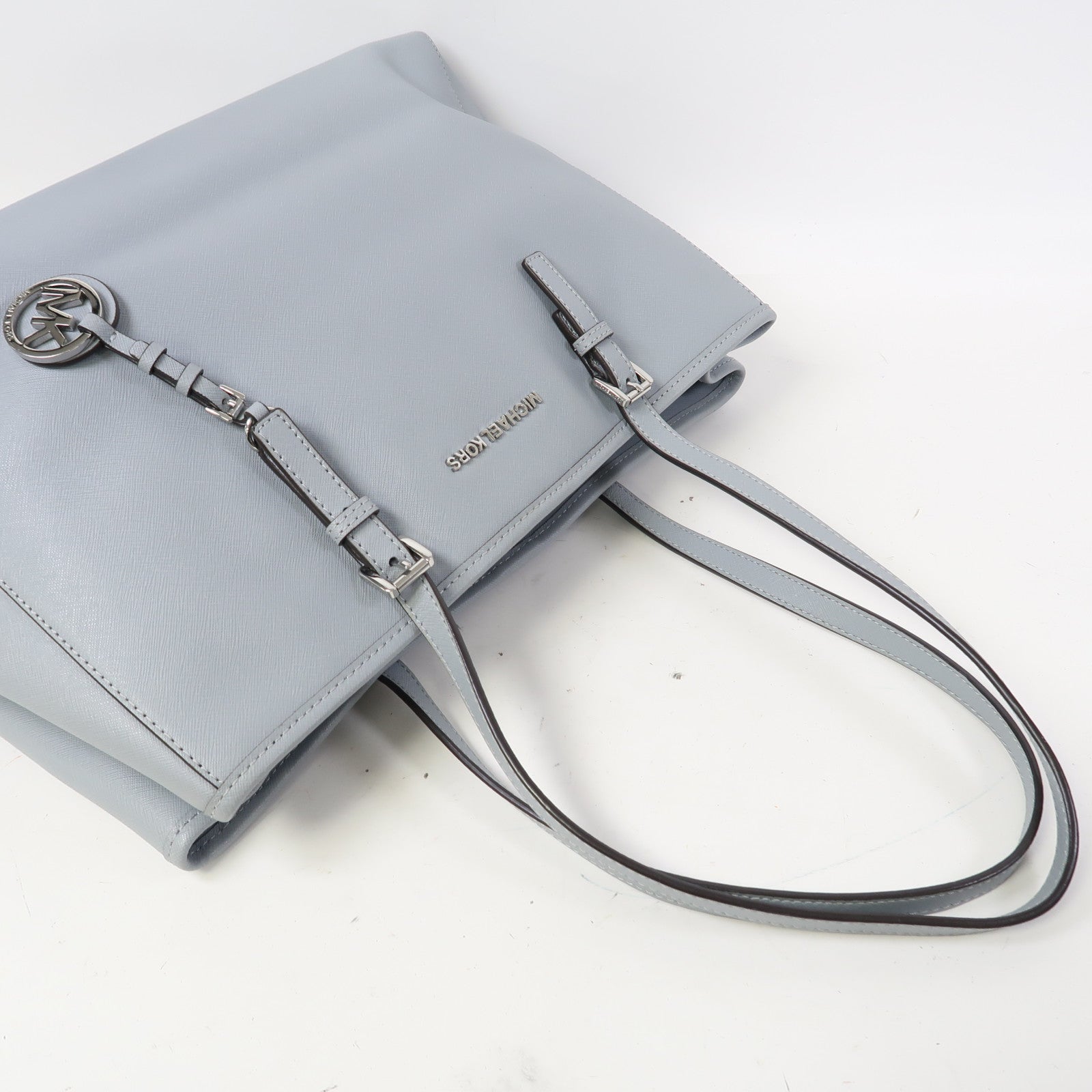 Michael Kors 牛皮皮革Tote Bag銀扣肩背袋藍色