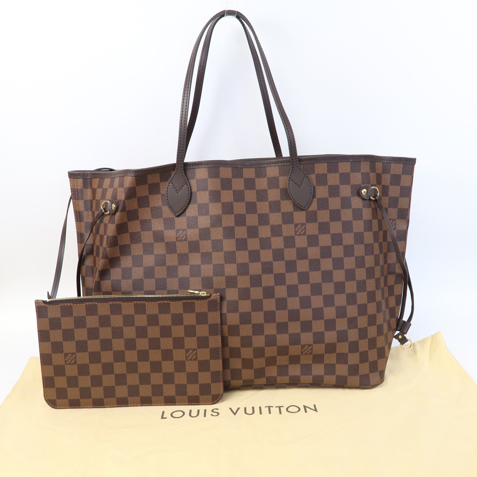 LOUIS VUITTON Damier Neverfull GM金扣手挽袋啡色