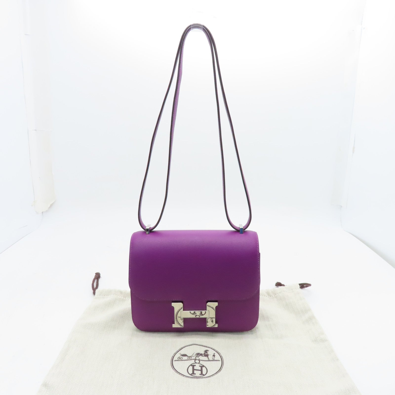 HERMES Evercolour Leather Constance Mini Silver Buckle Shoulder Bag Anemone Purple