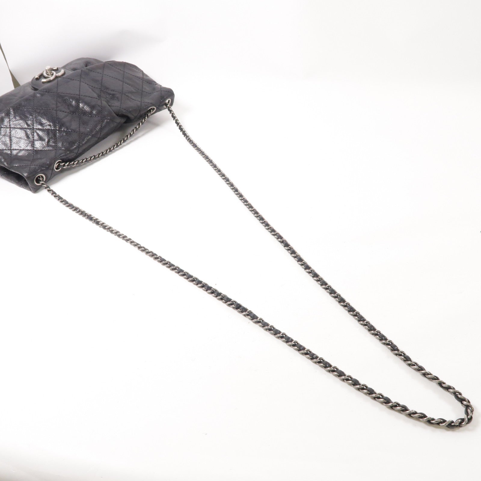 CHANEL 菱格牛皮皮革Chain Shoulder銀扣鏈帶肩背袋黑色