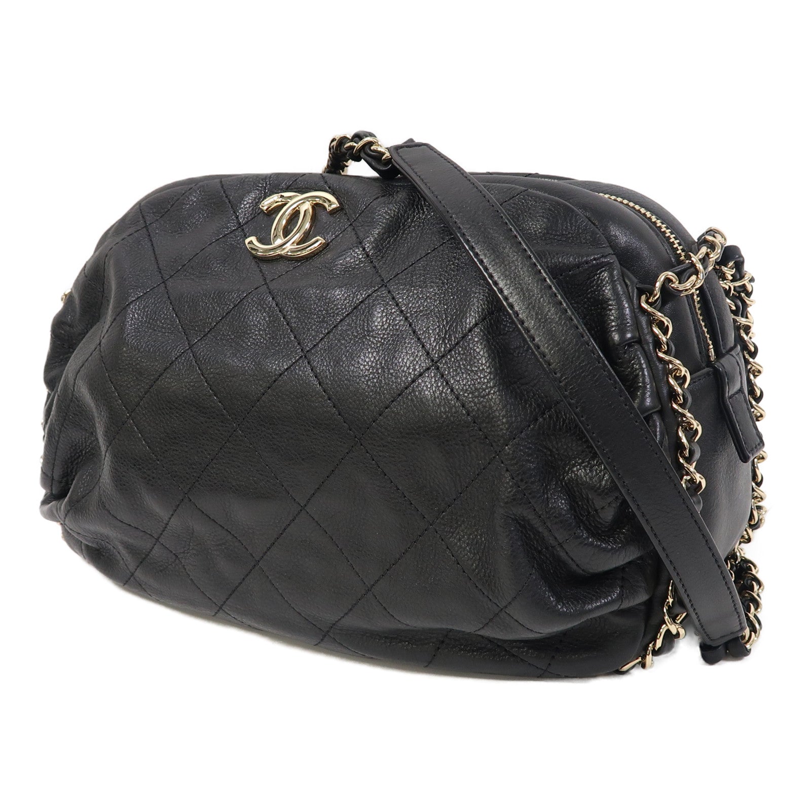 CHANEL 菱格牛皮皮革Chain Shoulder金扣鏈帶肩背袋黑色