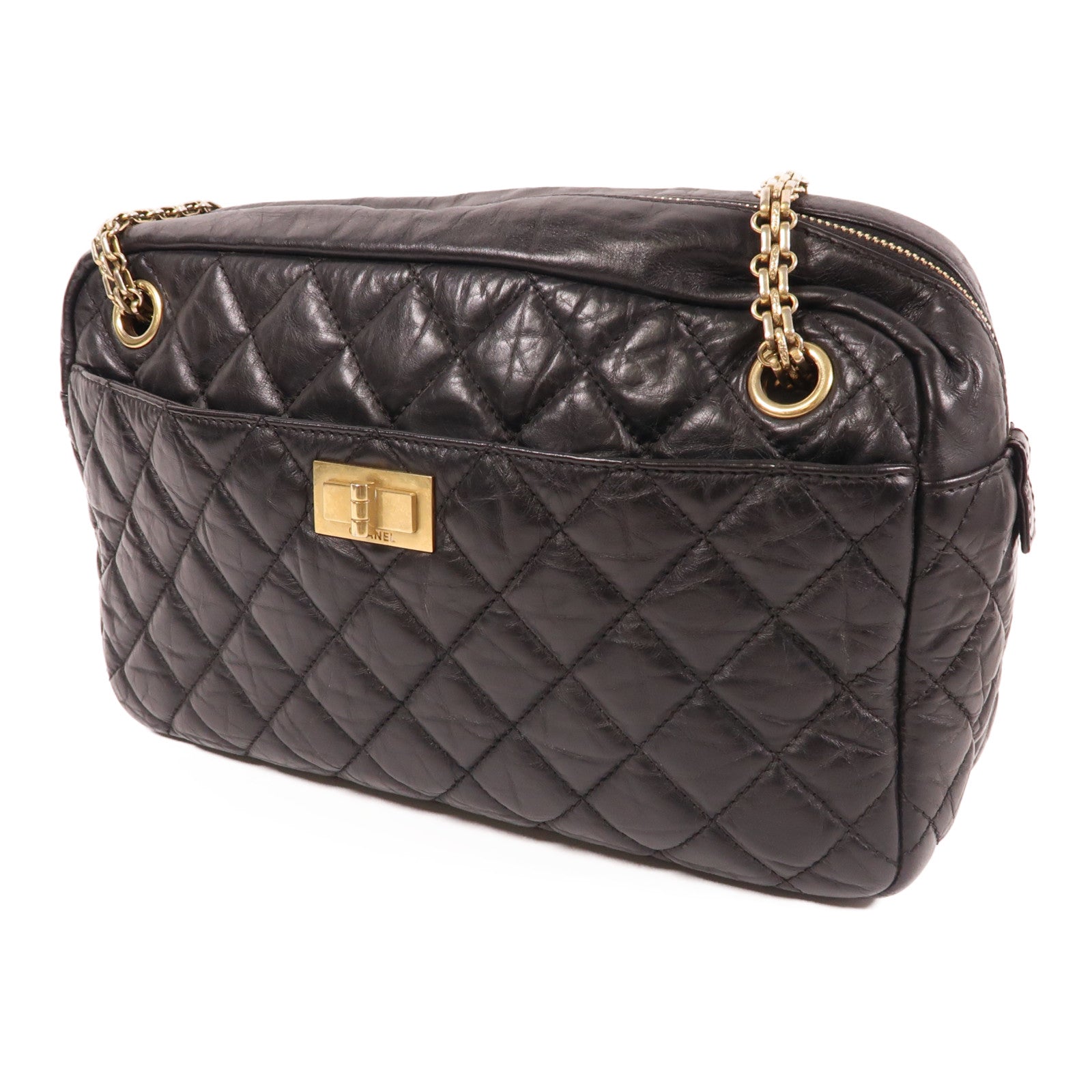 CHANEL 牛皮皮革2.55 Shoulder Bag金扣鏈帶肩背袋黑色