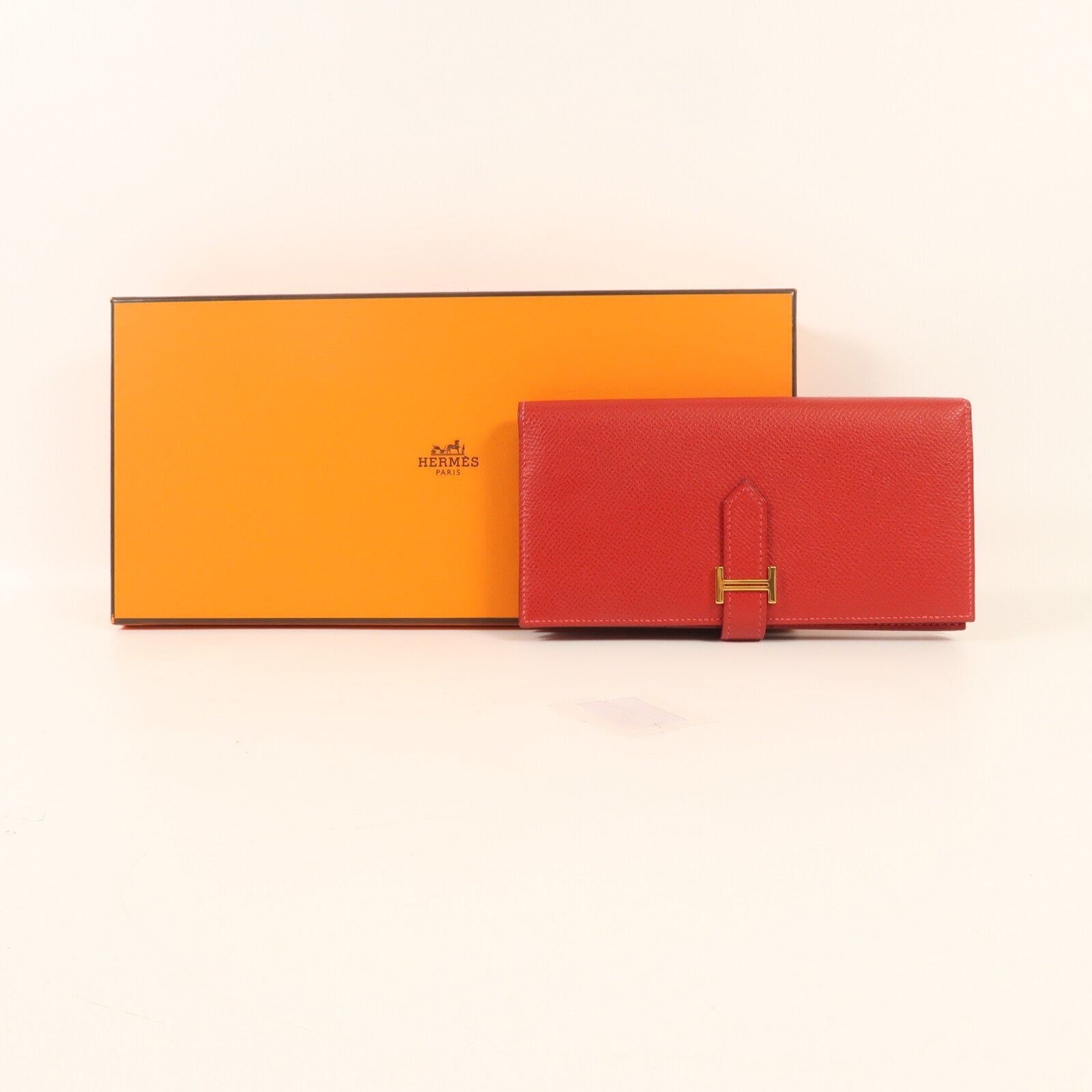 HERMES Epsom皮革Bearn W Snap金扣長錢包Rouge Casaque