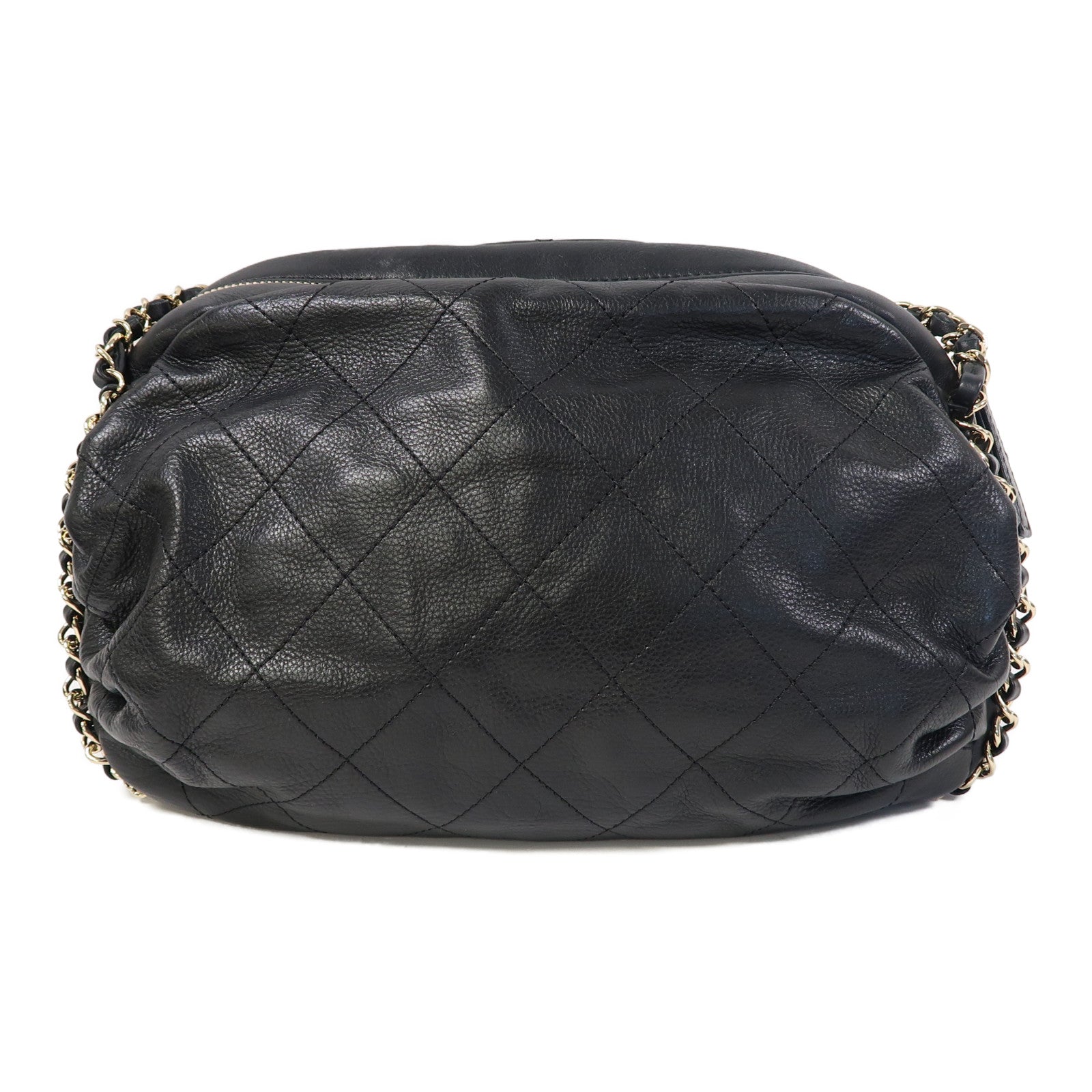 CHANEL 菱格牛皮皮革Chain Shoulder金扣鏈帶肩背袋黑色