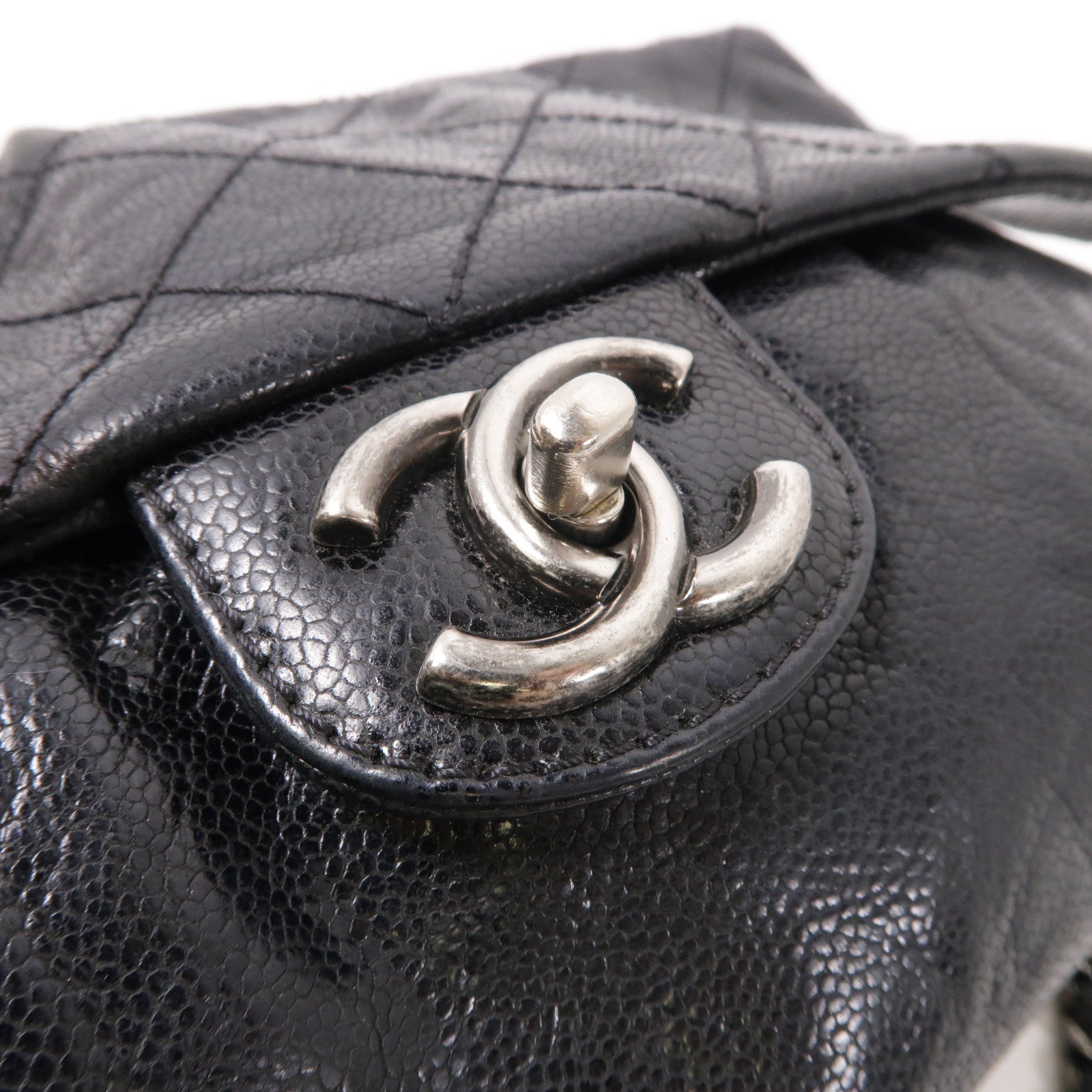 CHANEL 菱格牛皮皮革Chain Shoulder銀扣鏈帶肩背袋黑色