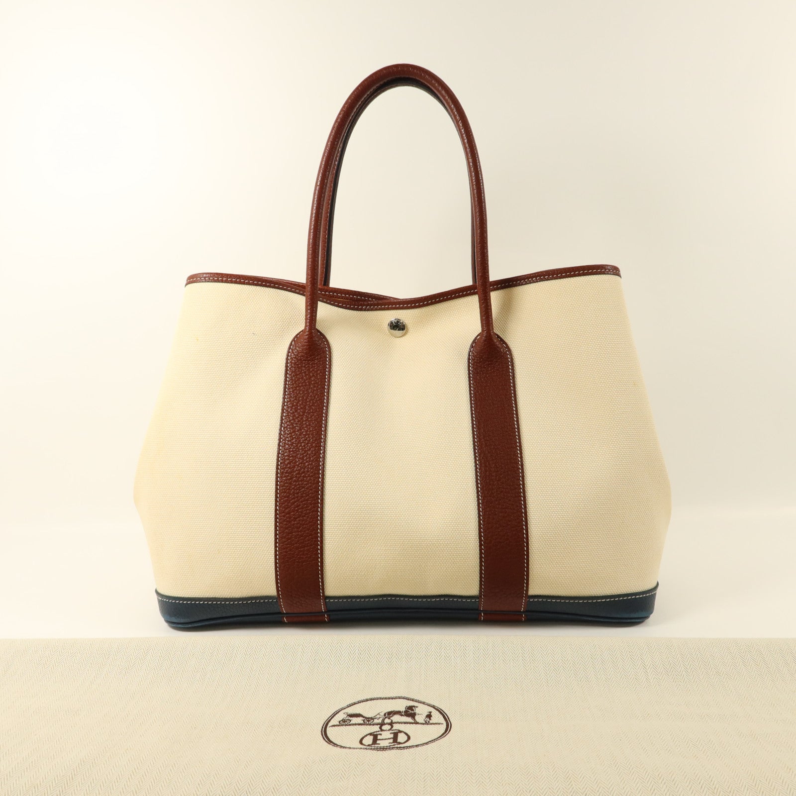 HERMES 帆布Garden Party PM銀扣手挽袋Blanc