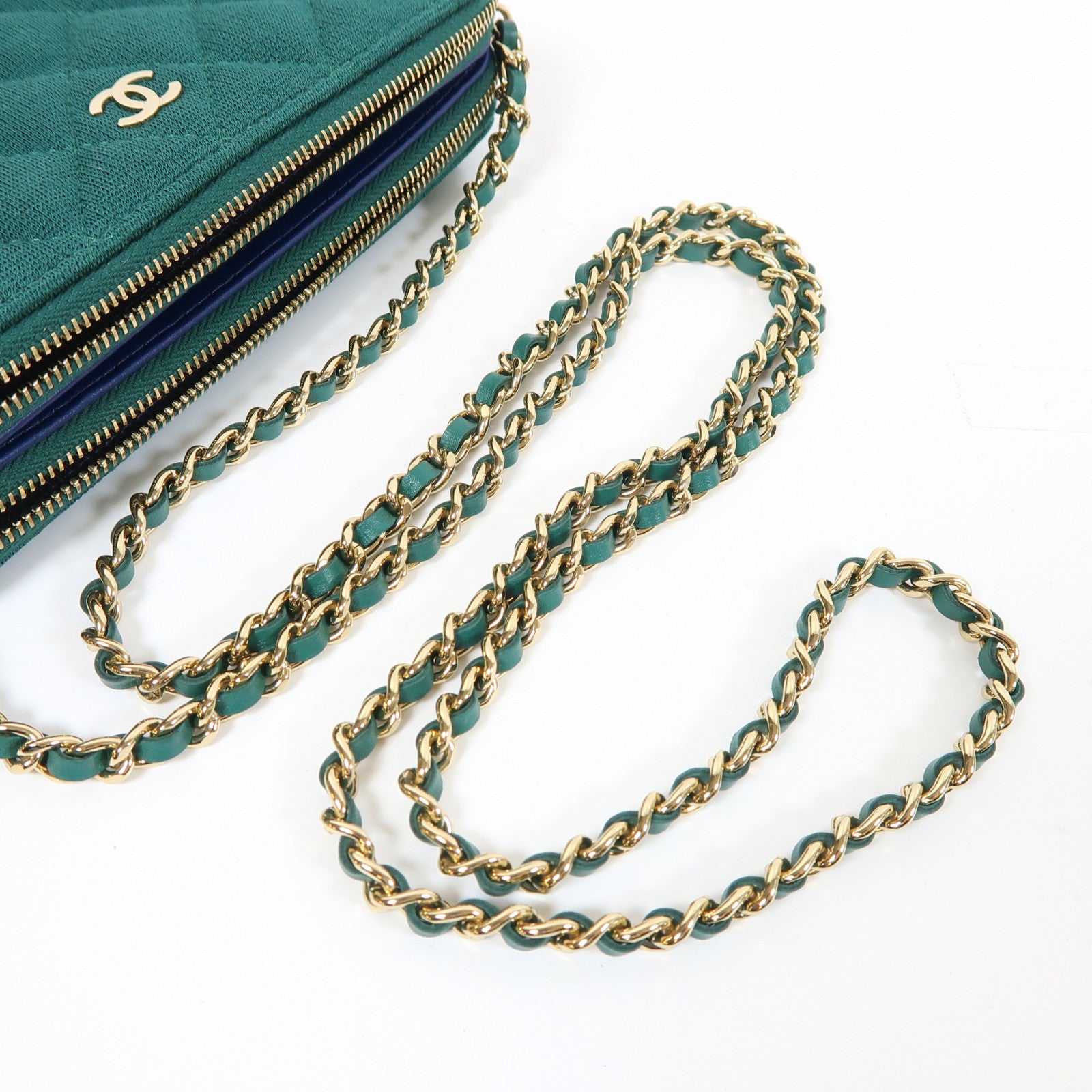 CHANEL 【激減優惠】菱格帆布Chain Shoulder金扣鏈帶肩背袋綠色