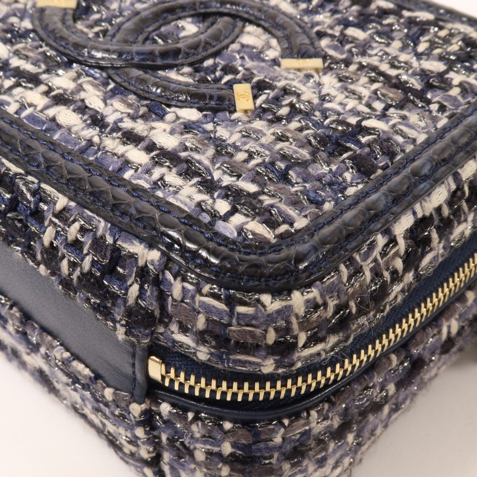 CHANEL Tweed/蛇皮皮革Vanity Case鏈帶手挽肩背兩用袋