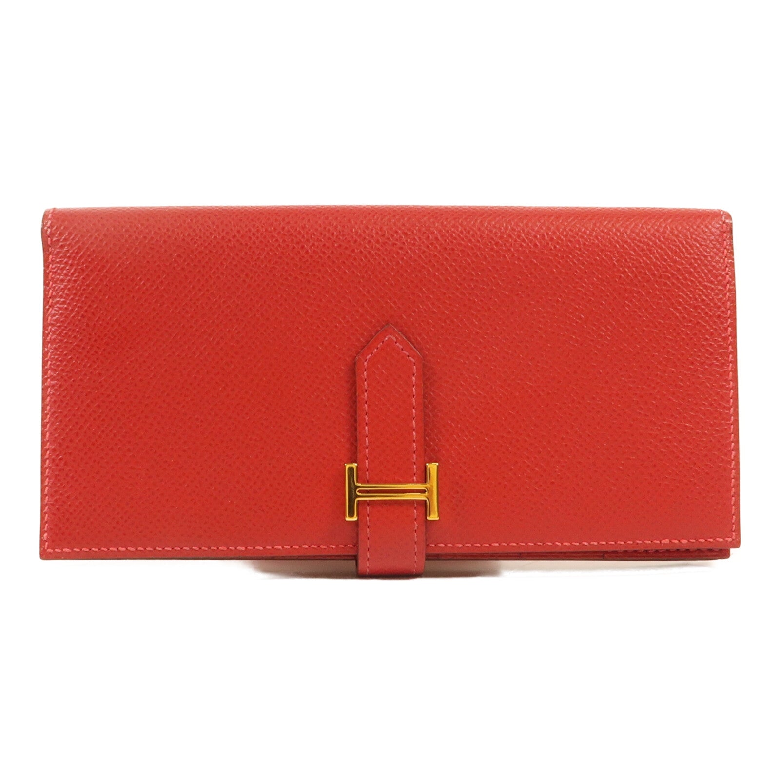HERMES Epsom皮革Bearn W Snap金扣長錢包Rouge Casaque