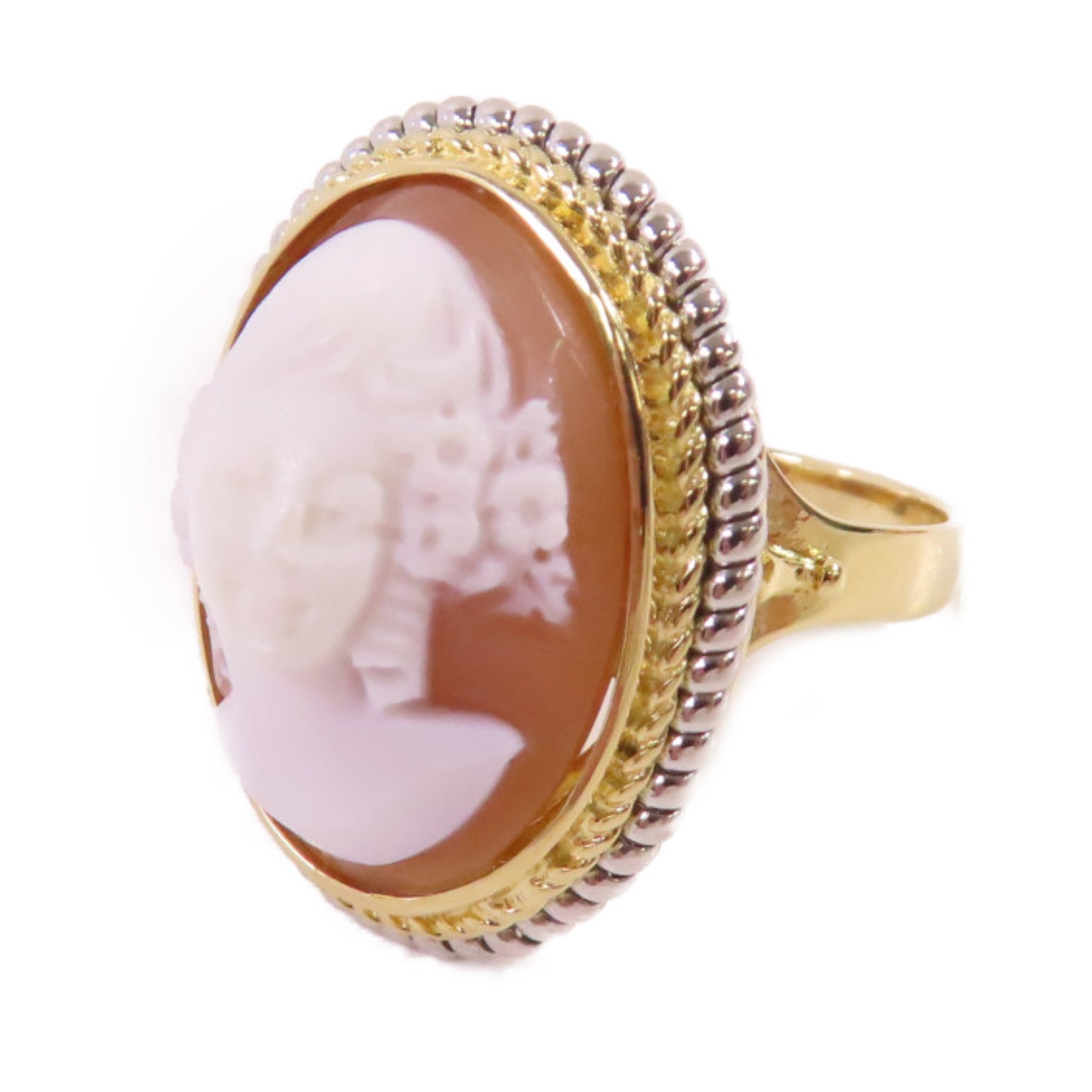JEWELRY 【激減優惠】18K黃金/PT900鉑金/多彩寶石浮雕Shell Cameo Ring戒指US#6.75