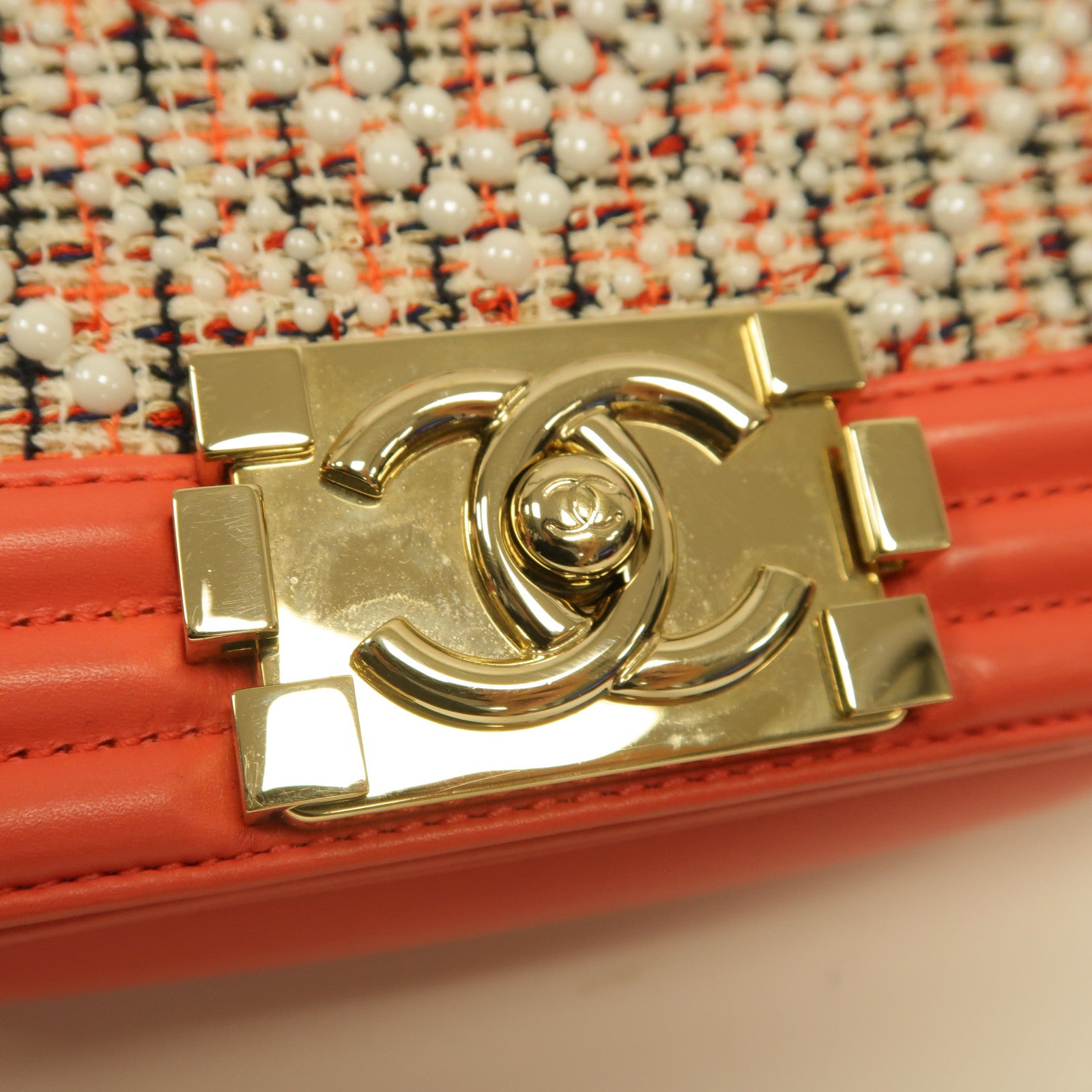 CHANEL 粗花呢Boy 20金扣鏈帶肩背袋粉紅色