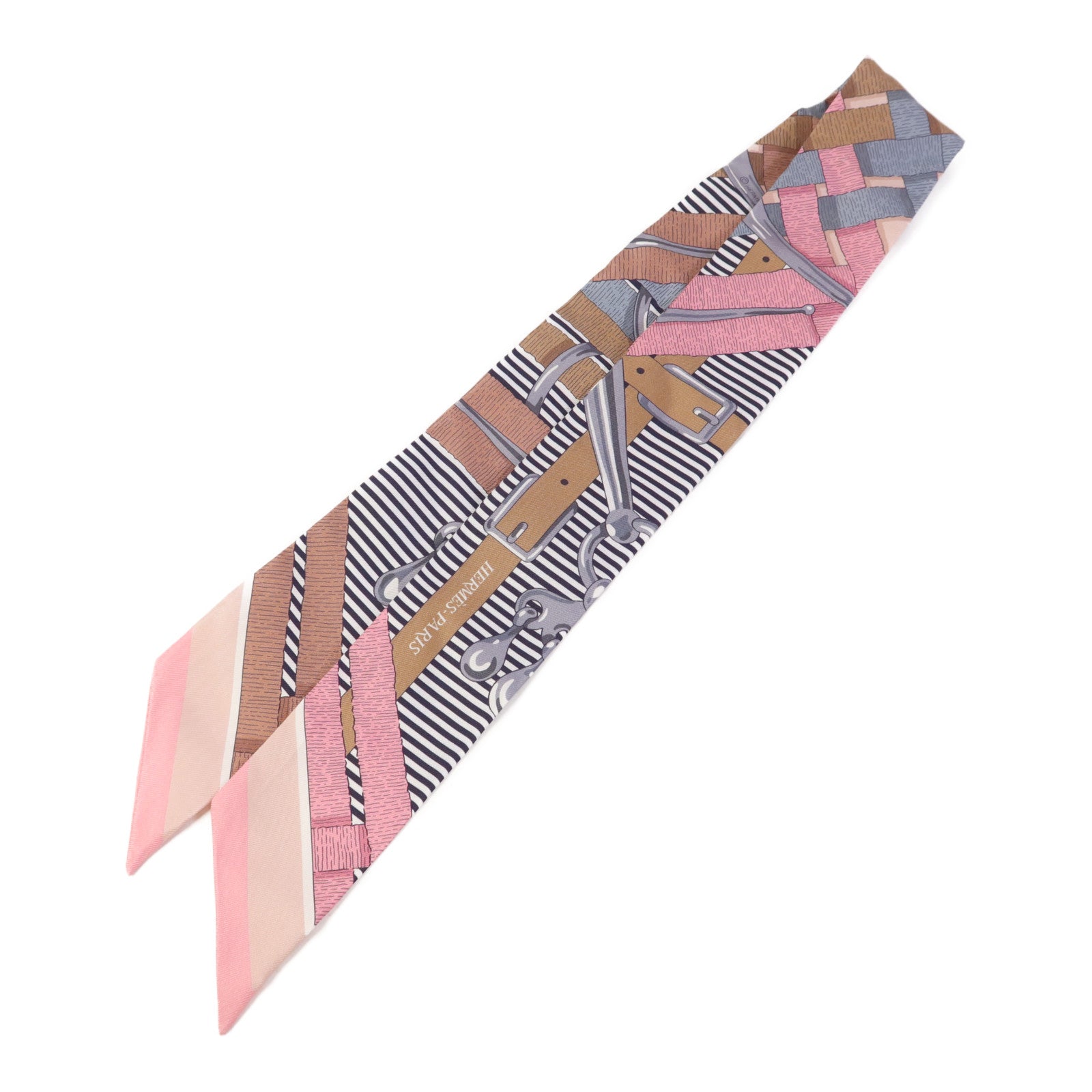HERMES 絲質Twilly絲巾Pink/Brown/Grey