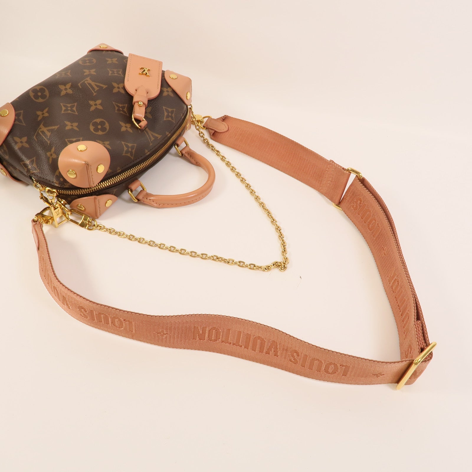 LOUIS VUITTON Monogram Petite Malle Souple金扣手挽肩背兩用袋棕色/粉紅色