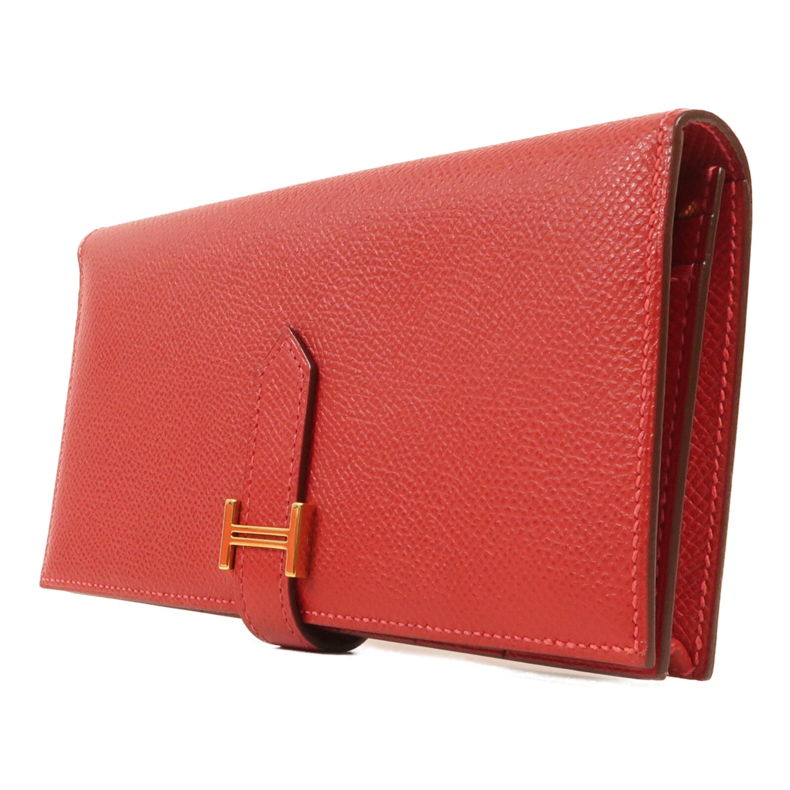 HERMES Epsom皮革Bearn W Snap金扣長錢包Rouge Casaque