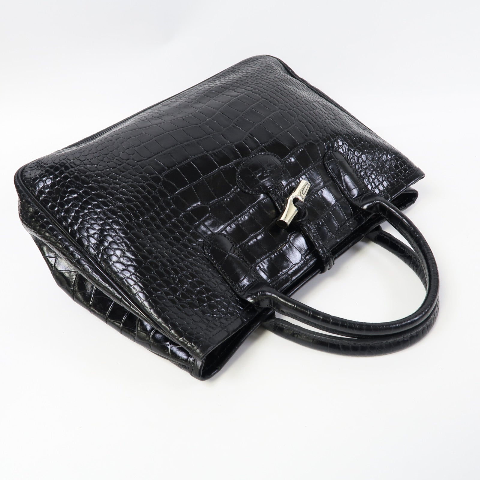 Longchamp 皮革Hang Bag銀扣手挽袋黑色