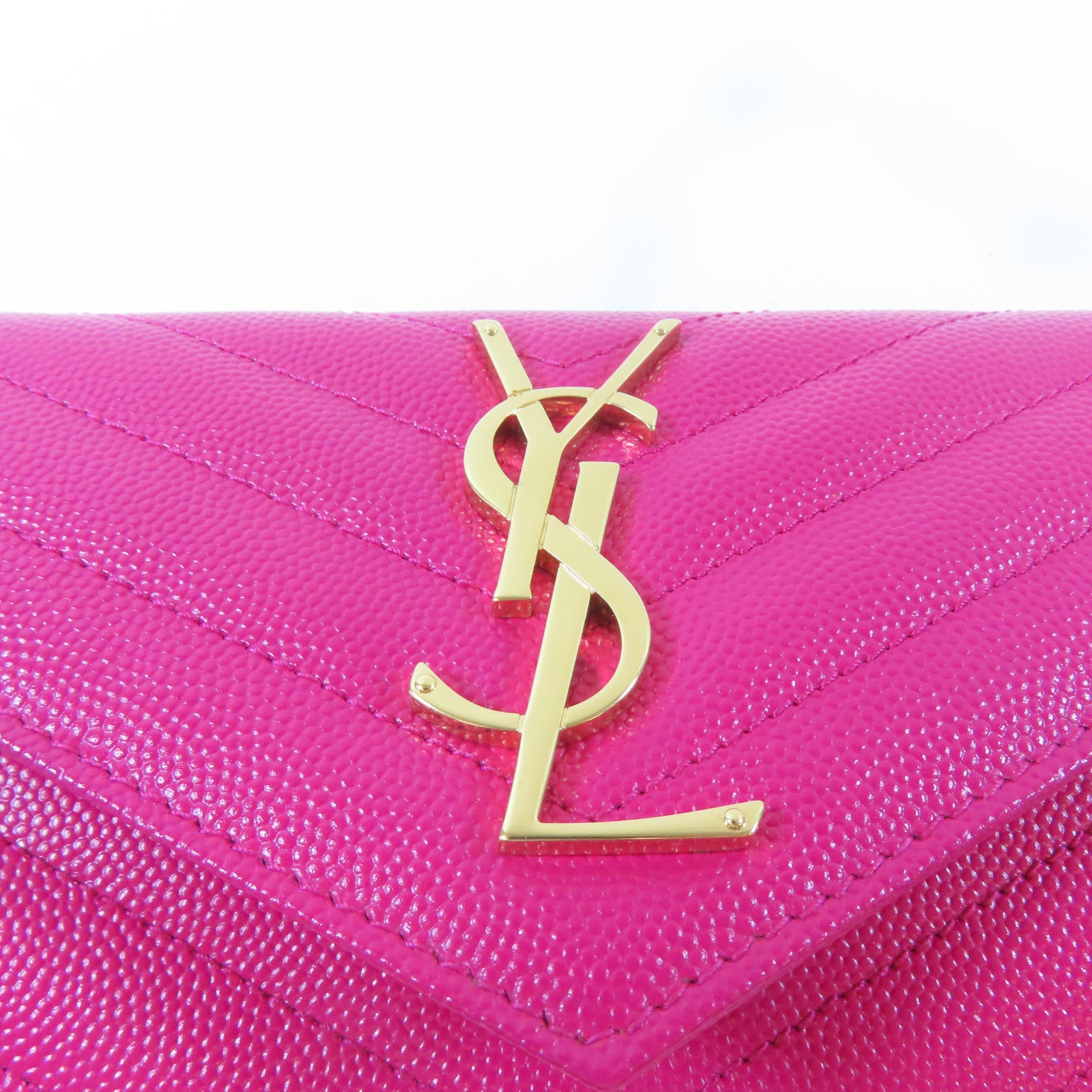 YVES SAINT LAURENT 牛皮皮革Long Wallet金扣長錢包桃紅色