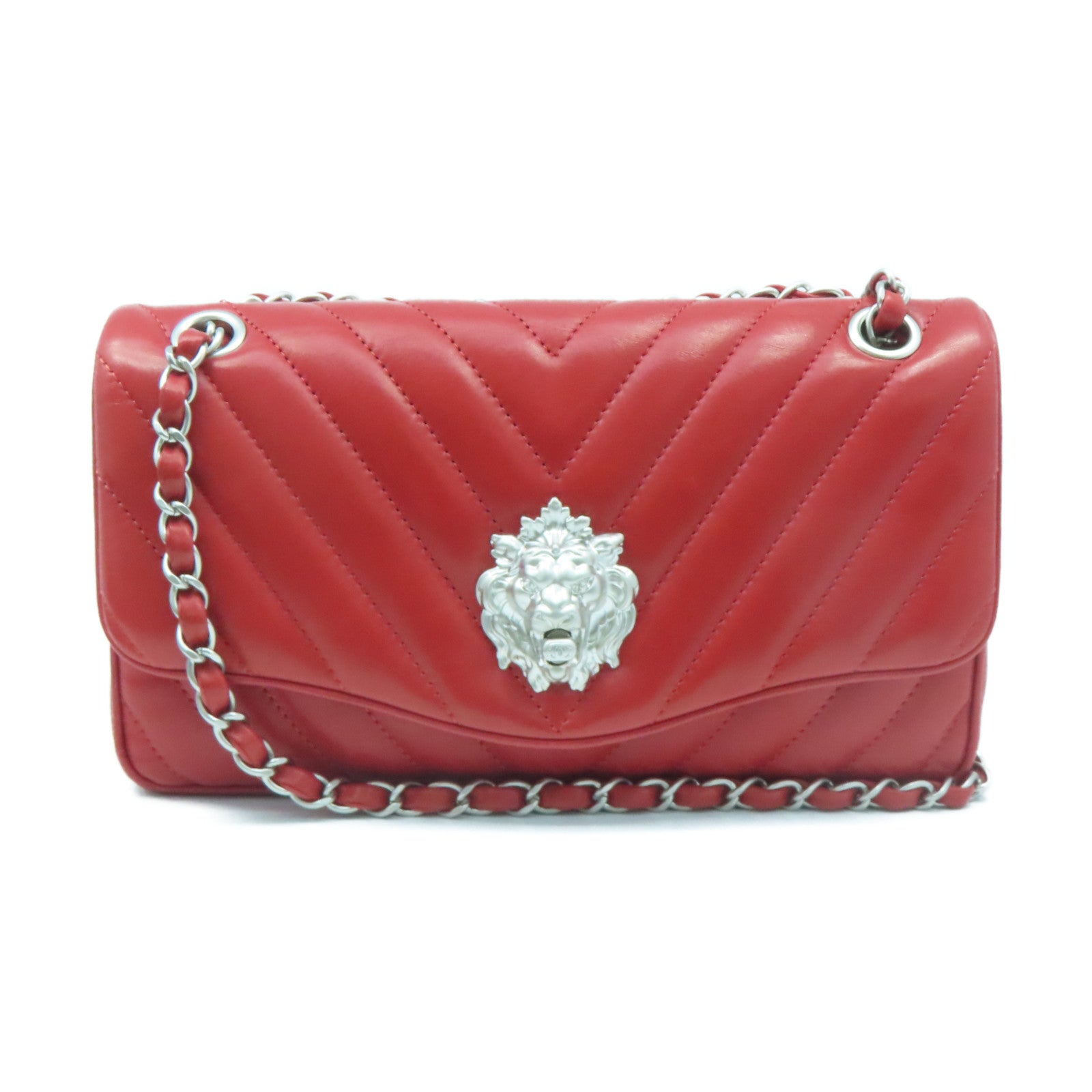 CHANEL twill cowhide leather Chain Shoulder silver buckle shoulder bag red