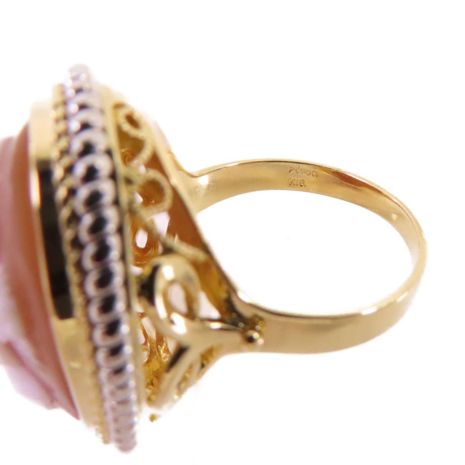 JEWELRY 【激減優惠】18K黃金/PT900鉑金/多彩寶石浮雕Shell Cameo Ring戒指US#6.75