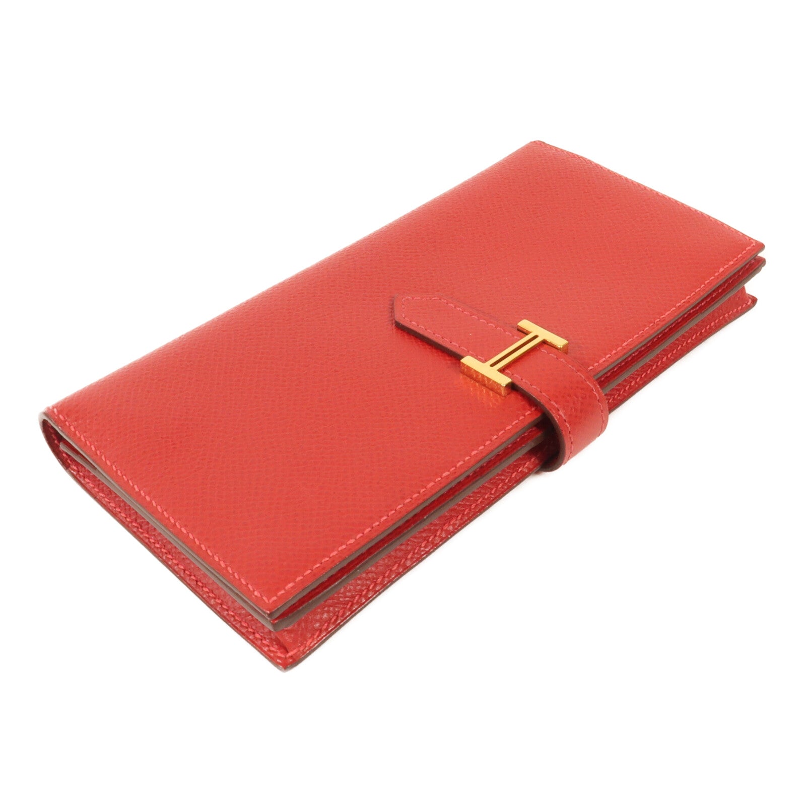 HERMES Epsom皮革Bearn W Snap金扣長錢包Rouge Casaque