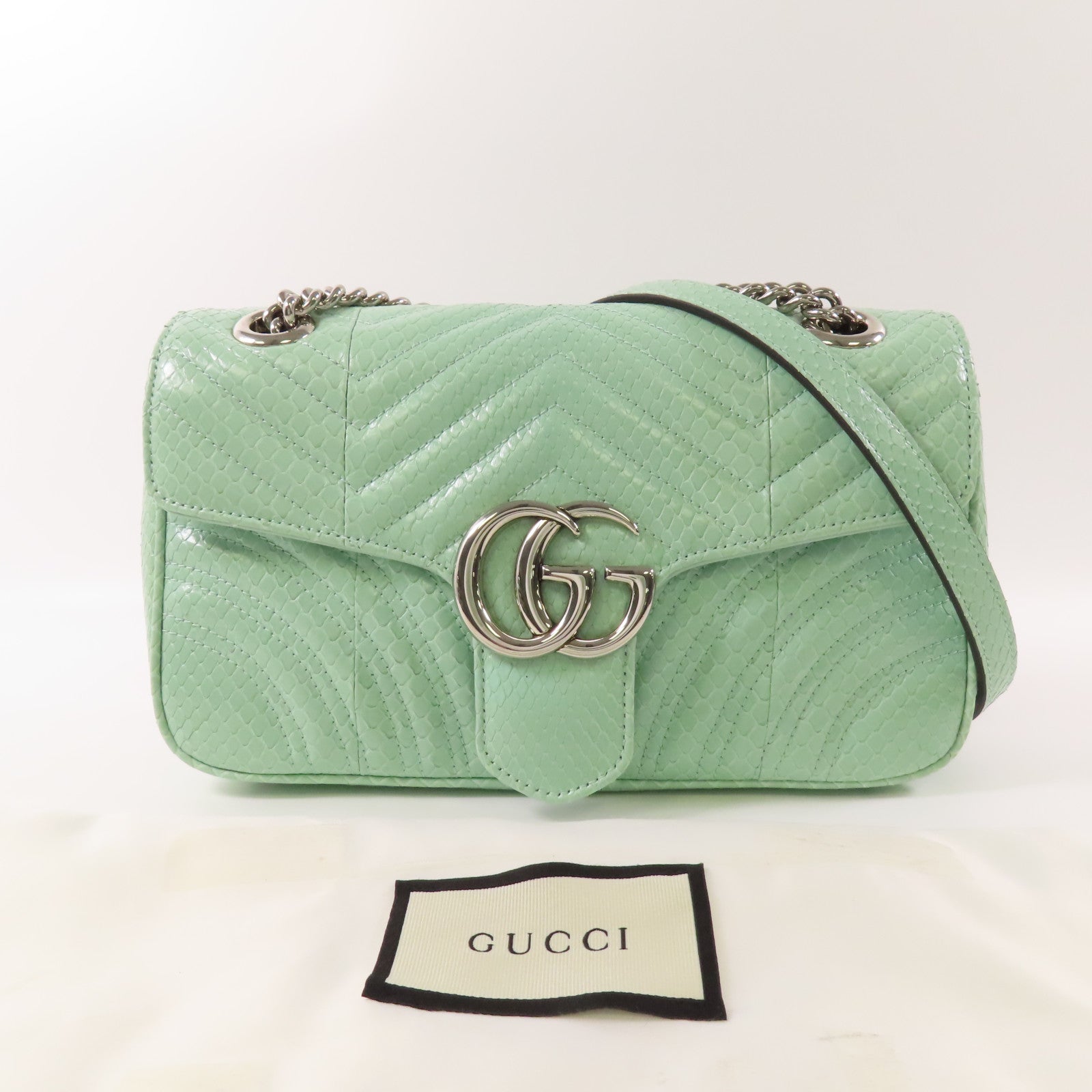 GUCCI 【激減優惠】蛇皮皮革GG Marmont銀扣鏈帶手挽肩背兩用袋