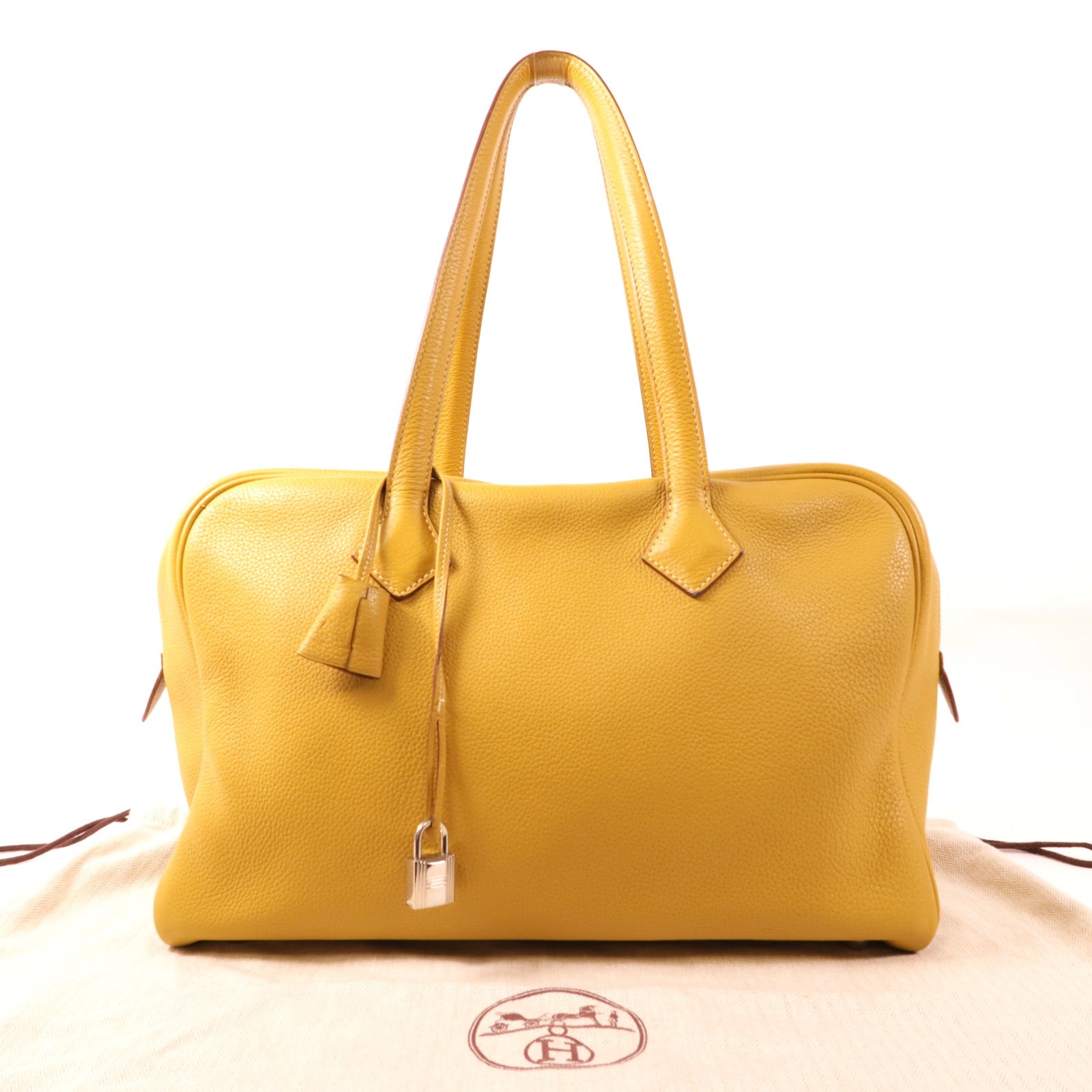 HERMES Clemence皮革Victoria 35銀扣肩背袋Curry黃色