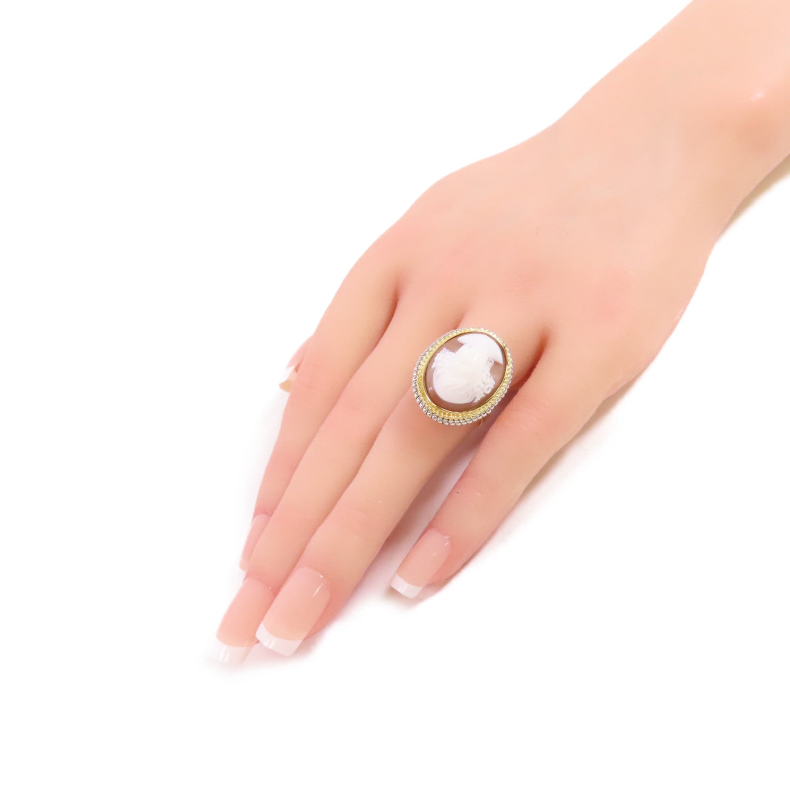 JEWELRY 【激減優惠】18K黃金/PT900鉑金/多彩寶石浮雕Shell Cameo Ring戒指US#6.75