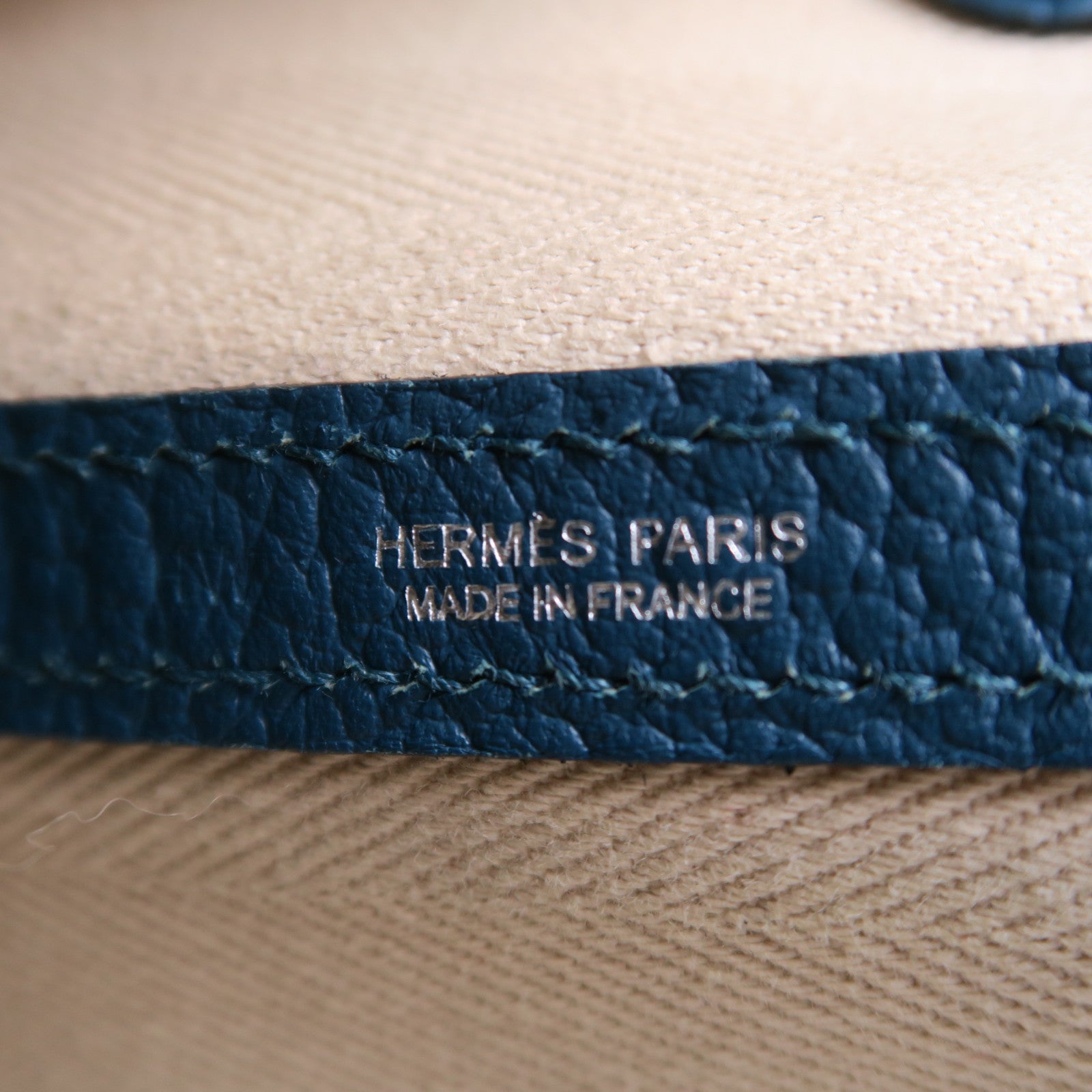 HERMES 【激減優惠】帆布GardenParty PM銀扣手挽袋藍色/米色