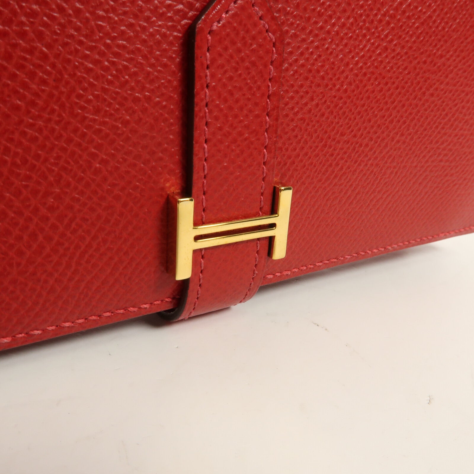 HERMES Epsom皮革Bearn W Snap金扣長錢包Rouge Casaque