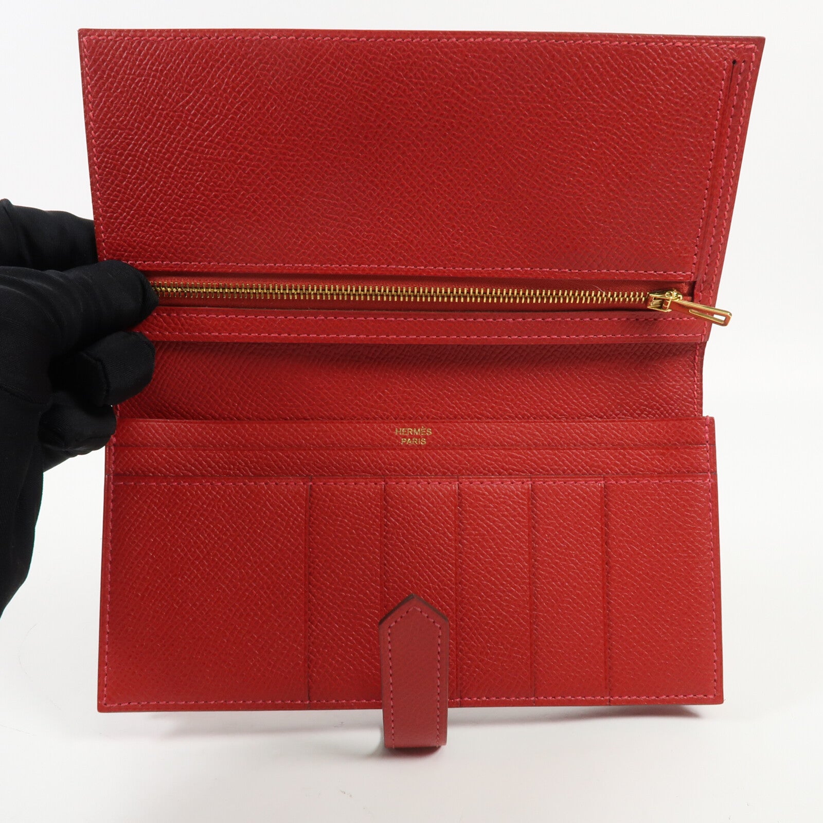 HERMES Epsom皮革Bearn W Snap金扣長錢包Rouge Casaque