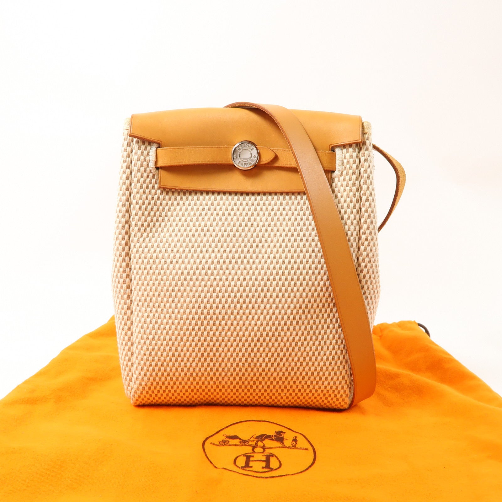 HERMES 帆布Mini Herbag銀扣肩背袋米色