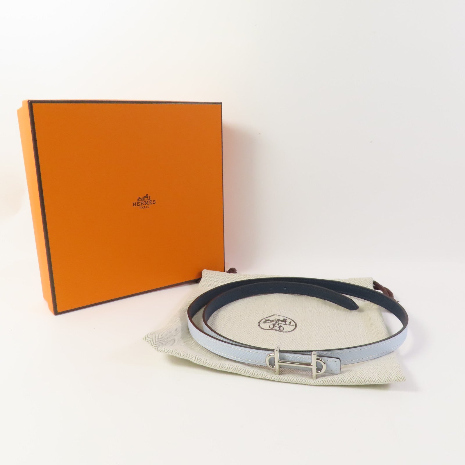 HERMES PHW Gamma Buckle Reversible 80cm Belt Epsom Leather Blue Brume