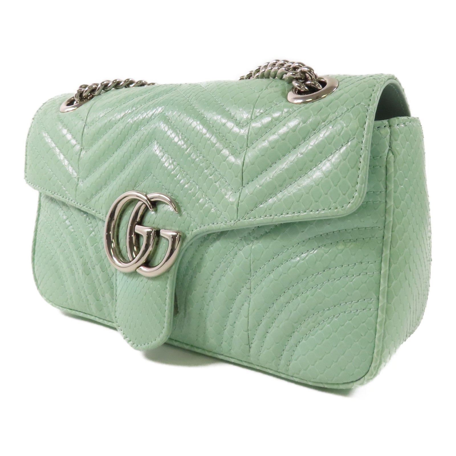 GUCCI 蛇皮皮革GG Marmont銀扣鏈帶手挽肩背兩用袋