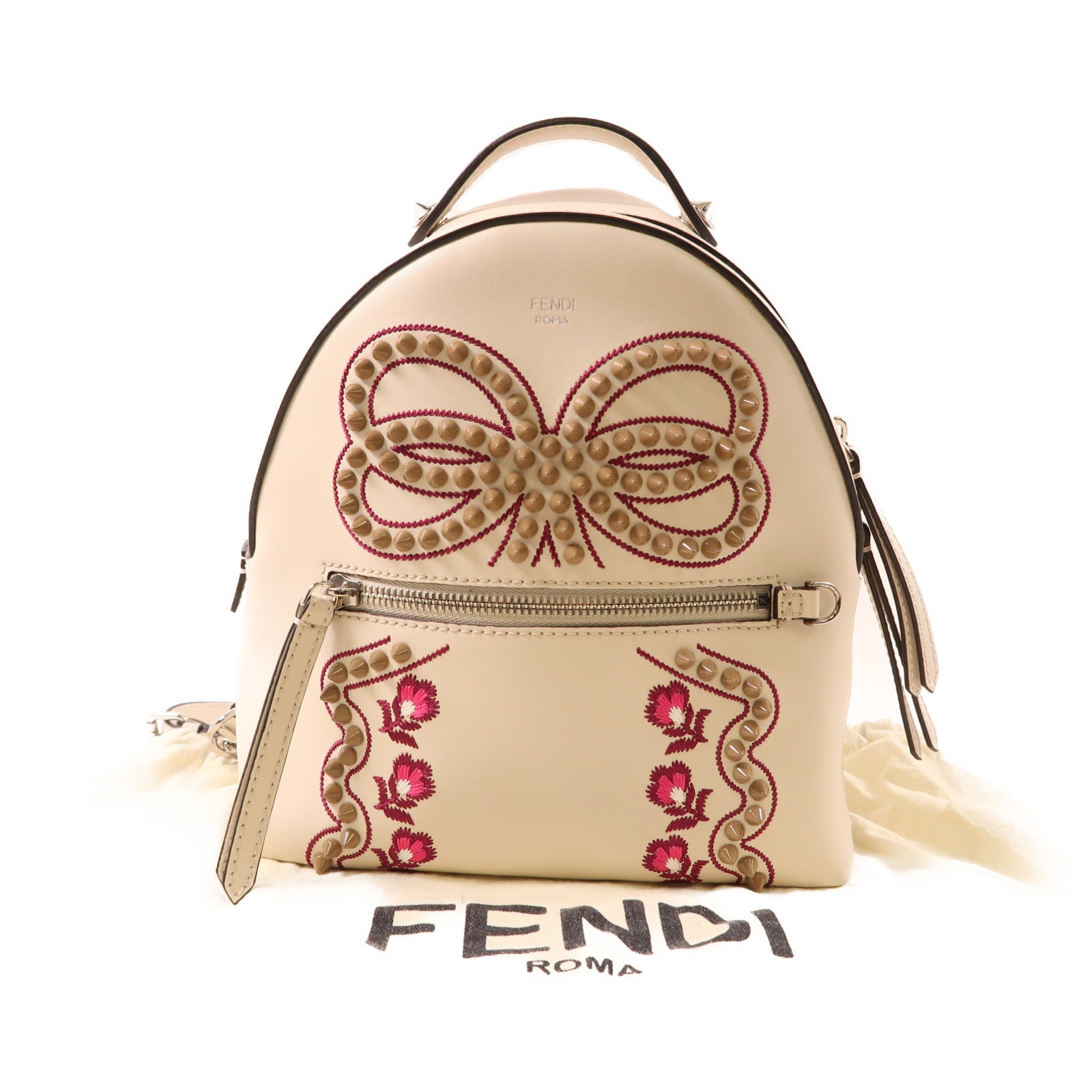 FENDI 羊皮皮革Backpack銀扣背包米色
