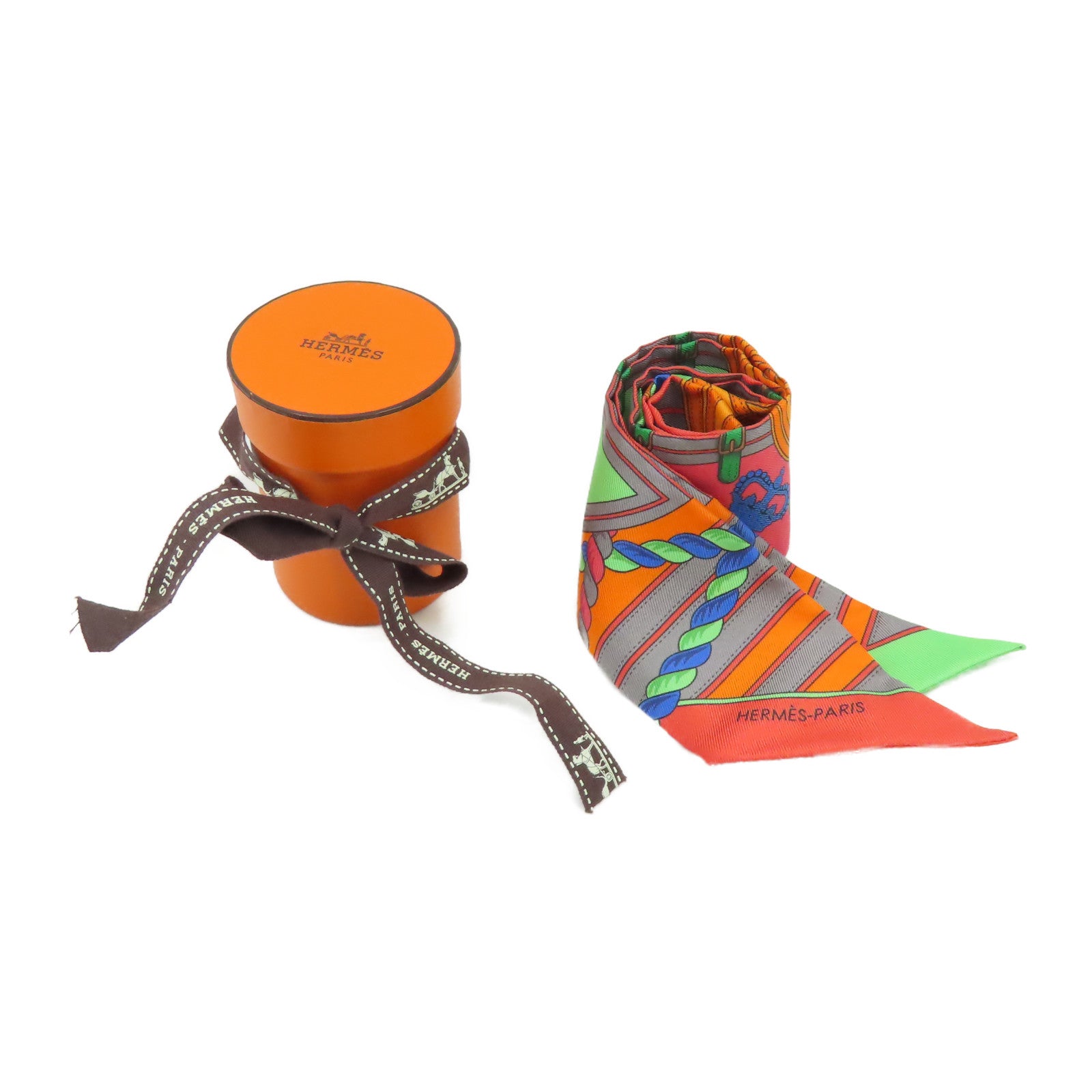 HERMES 【激減優惠】絲綢Twilly絲巾橙色/綠色
