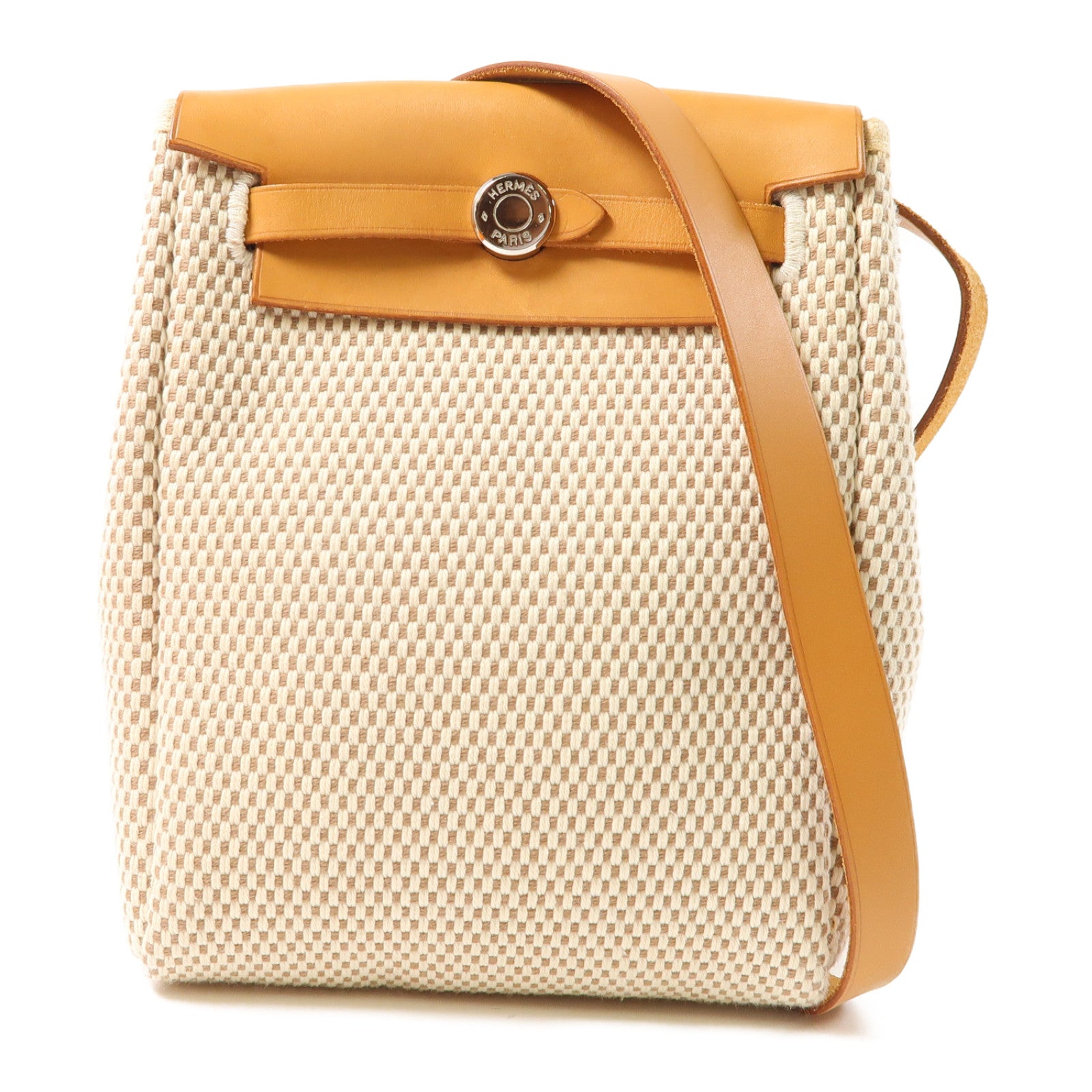 HERMES 帆布Mini Herbag銀扣肩背袋米色
