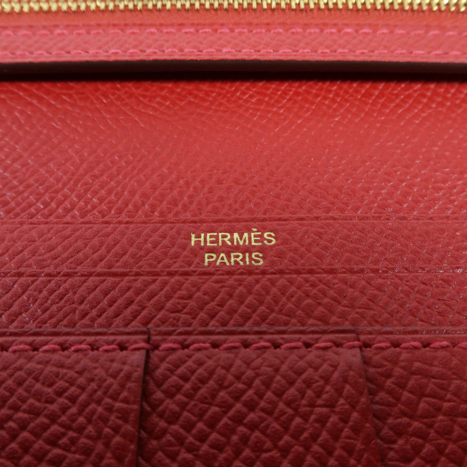 HERMES Epsom皮革Bearn W Snap金扣長錢包Rouge Casaque