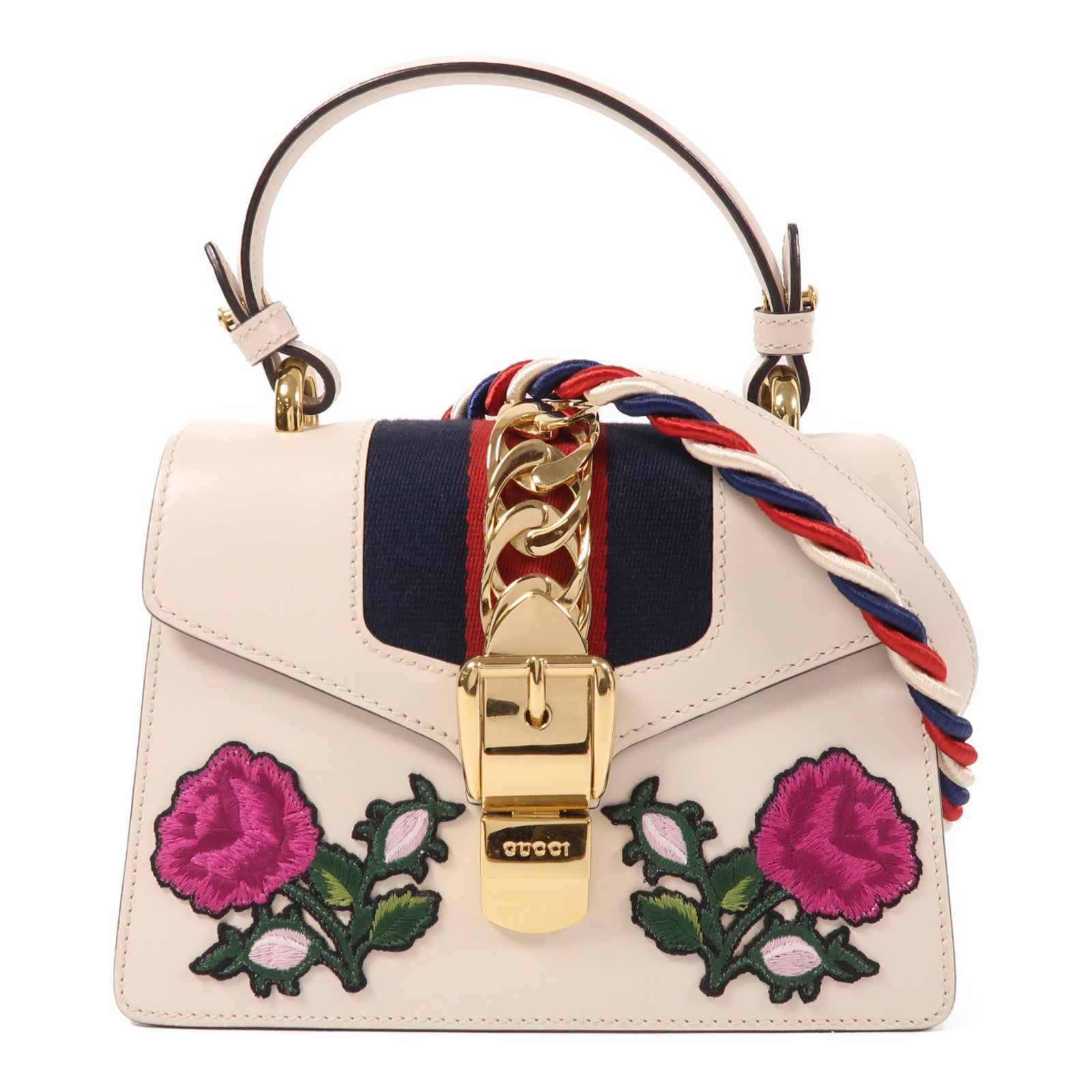 GUCCI 牛皮皮革Sylvie Mini Bag金扣手挽肩背兩用袋白色