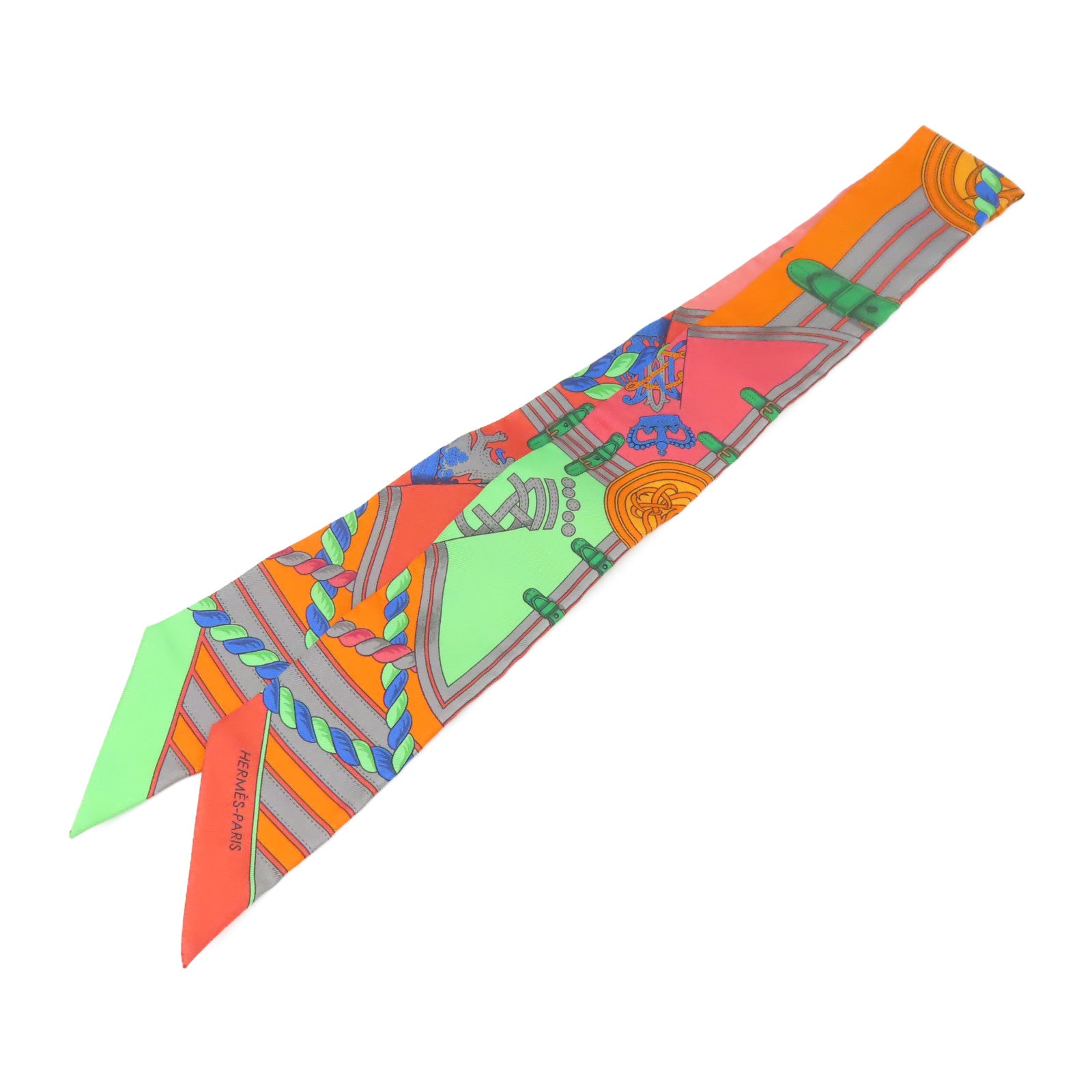 HERMES 【激減優惠】絲綢Twilly絲巾橙色/綠色