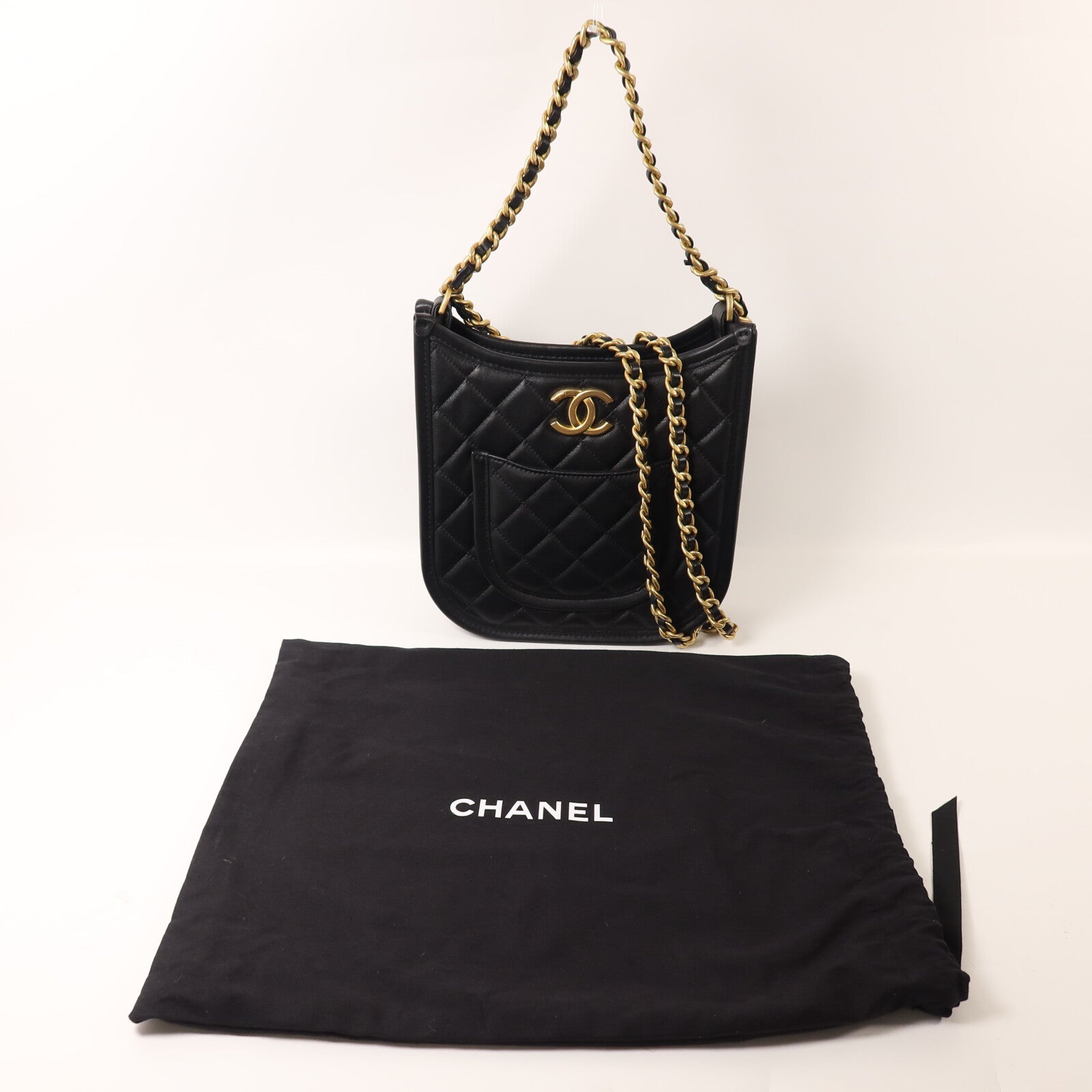 CHANEL 牛皮皮革Hobo鏈帶手挽肩背兩用袋