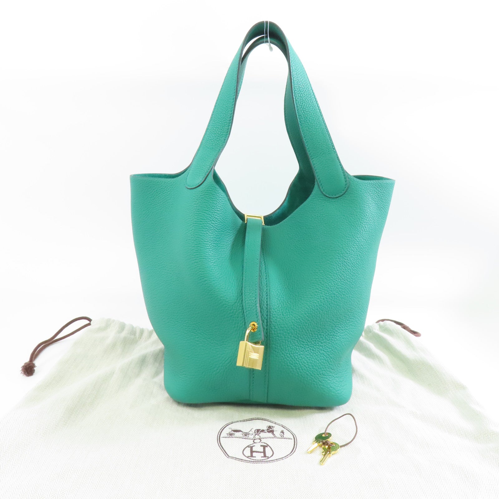 HERMES Clemence皮革Picotin MM金扣手挽袋Vert jade/綠色